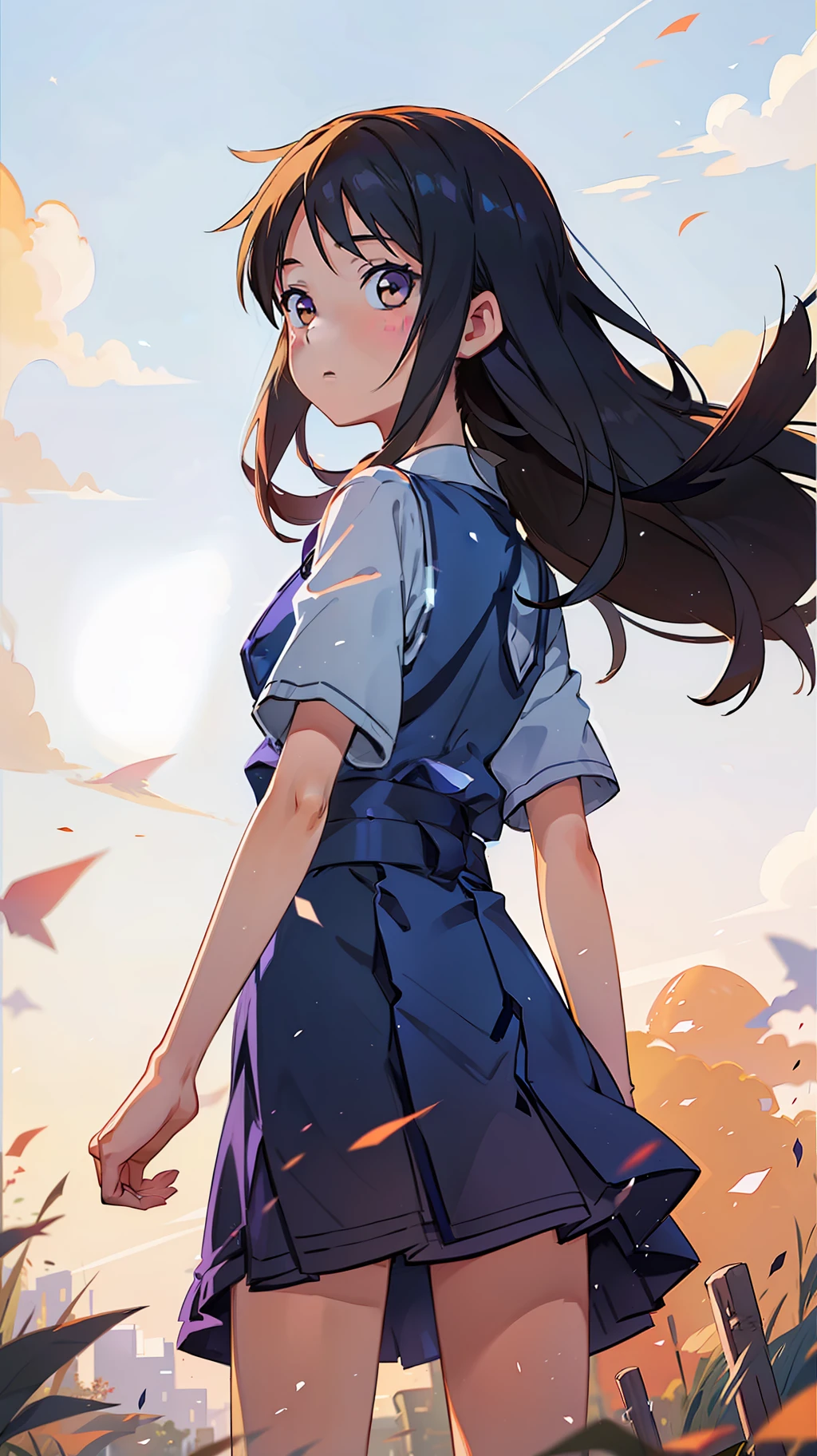 1 girl, standing back to the viewer, facing at the sky, orange blue sky, perfect sky condition, kimi no nawa sky, sunset sky, detailed japanese high school uniform, detailed sky, a little bit star, shiina mahiru, mashiro shiina