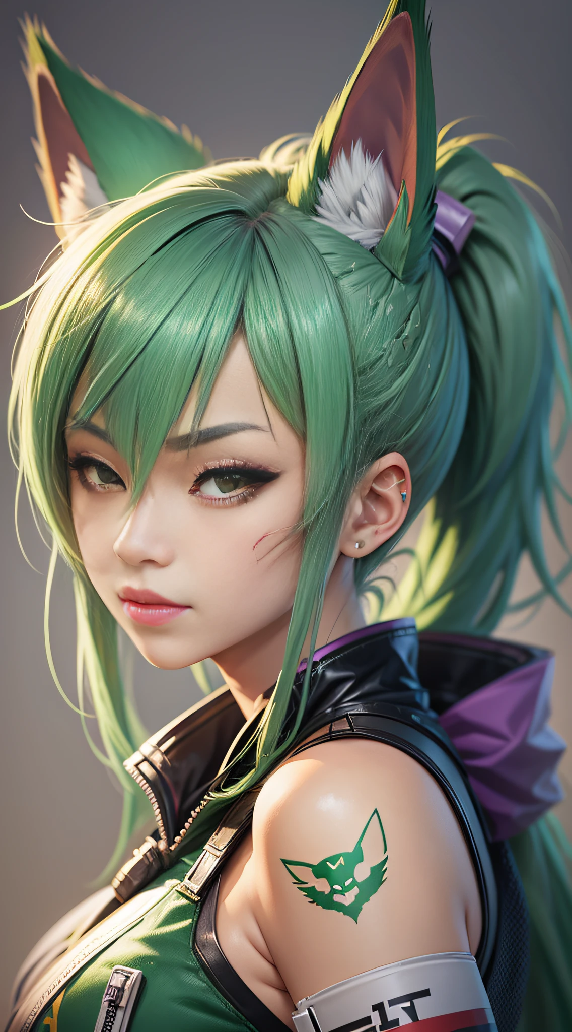 kiriko \(overwatch\), green hair, ponytail, facial mark, fox mask, half mask --auto --s2