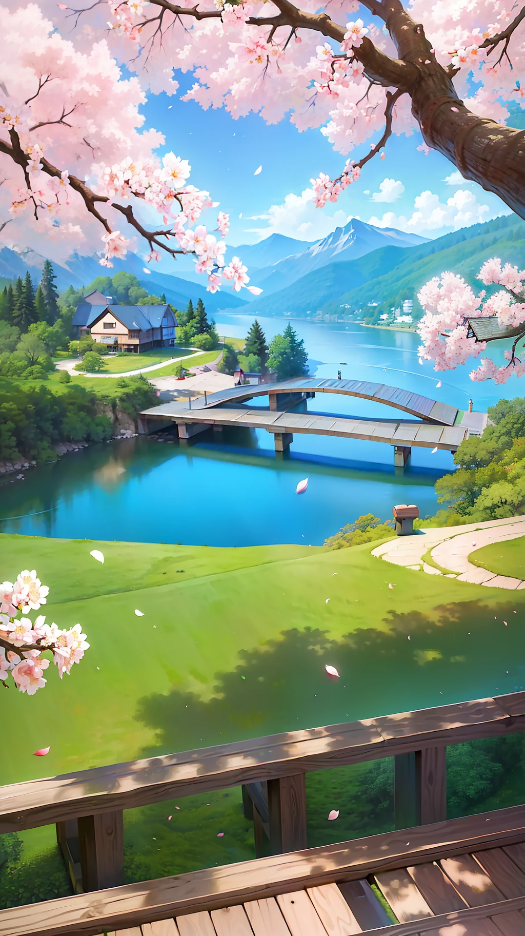 (masterpiece:1,2), best quality, masterpiece, highres, original, extremely detailed wallpaper, Cherry blossoms, falling petals, green hills, river, lake, ((cabin)), spring, blue sky, sunny. wide-angle lens, (extremely detailed CG:1.2), (8k:1.1),Aerial view