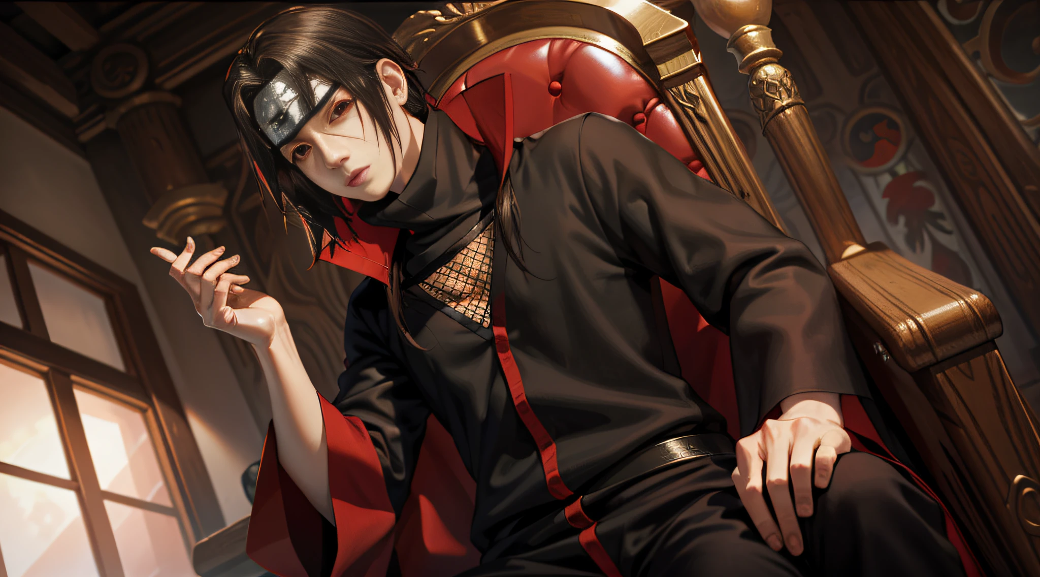 (masterpiece, best quality: 1.2), red theme, solo, male focus, a king on his throne, uchiha itachi, expressionless, mouth shut, looking at the viewer, forehead protector, ninja, cape, turtleneck, jewelry, necklace