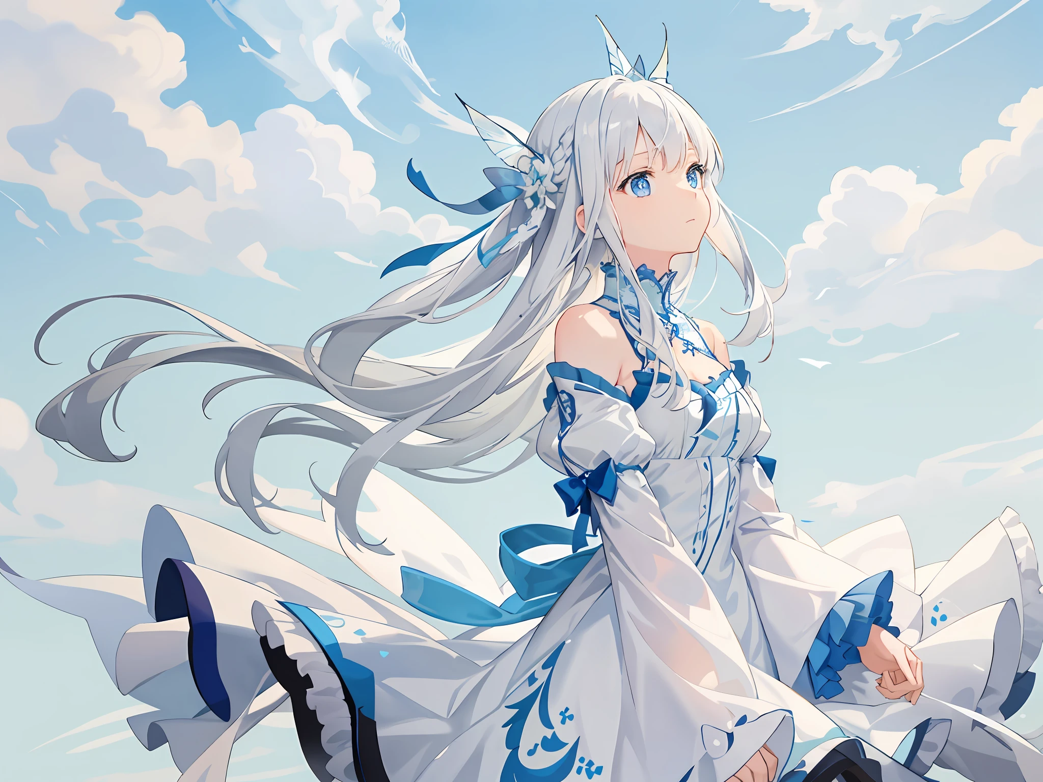 A masterpiece-level CG artwork with a fresh and soft painting style. The subject is a fairy-like beautiful girl, blue eyes with smooth and fair skin, trimmed white clothes patting in the wind, long white hair hanging, looking up at the sky posture is extremely beautiful, hair fluttering in the wind, side braids are elegant and charming. The unique composition of the upper body of the picture highlights the exquisite beauty of the beautiful girl, with endless charm in simplicity.