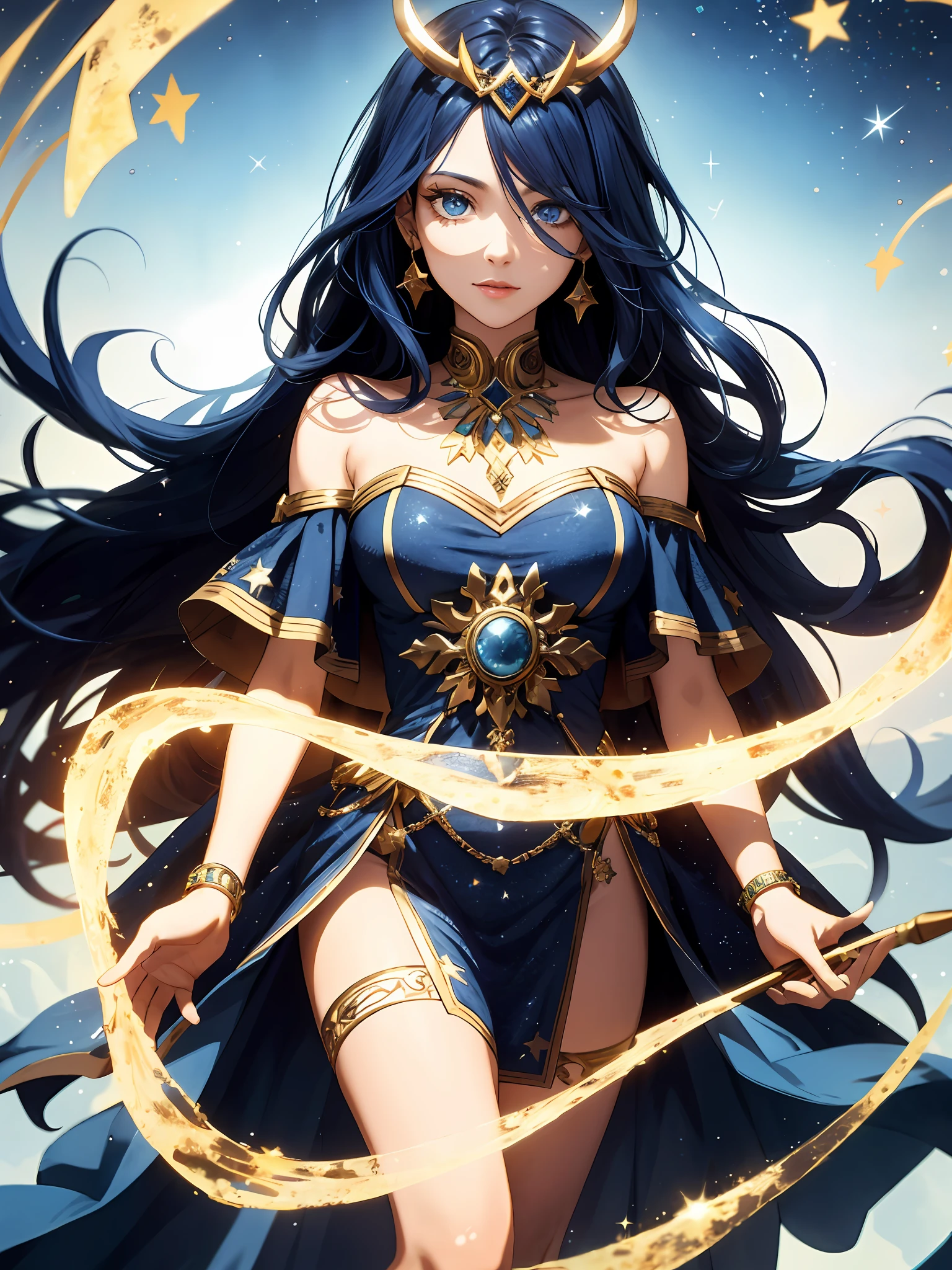 ( High quality , ultra detailed, careful with hand )Zodiac - Sagittarius goddess , similar to latin goodness . Optimistic, fair-minded, funny and intellectual face . Reckless, cold-hearted, impatient, overconfident style . Dark blue eyes (eyes detail) , long hair , deep blue hair with bling bling , transparent dress , in the ocean with stars , whole body , fire make up look , god Chiron