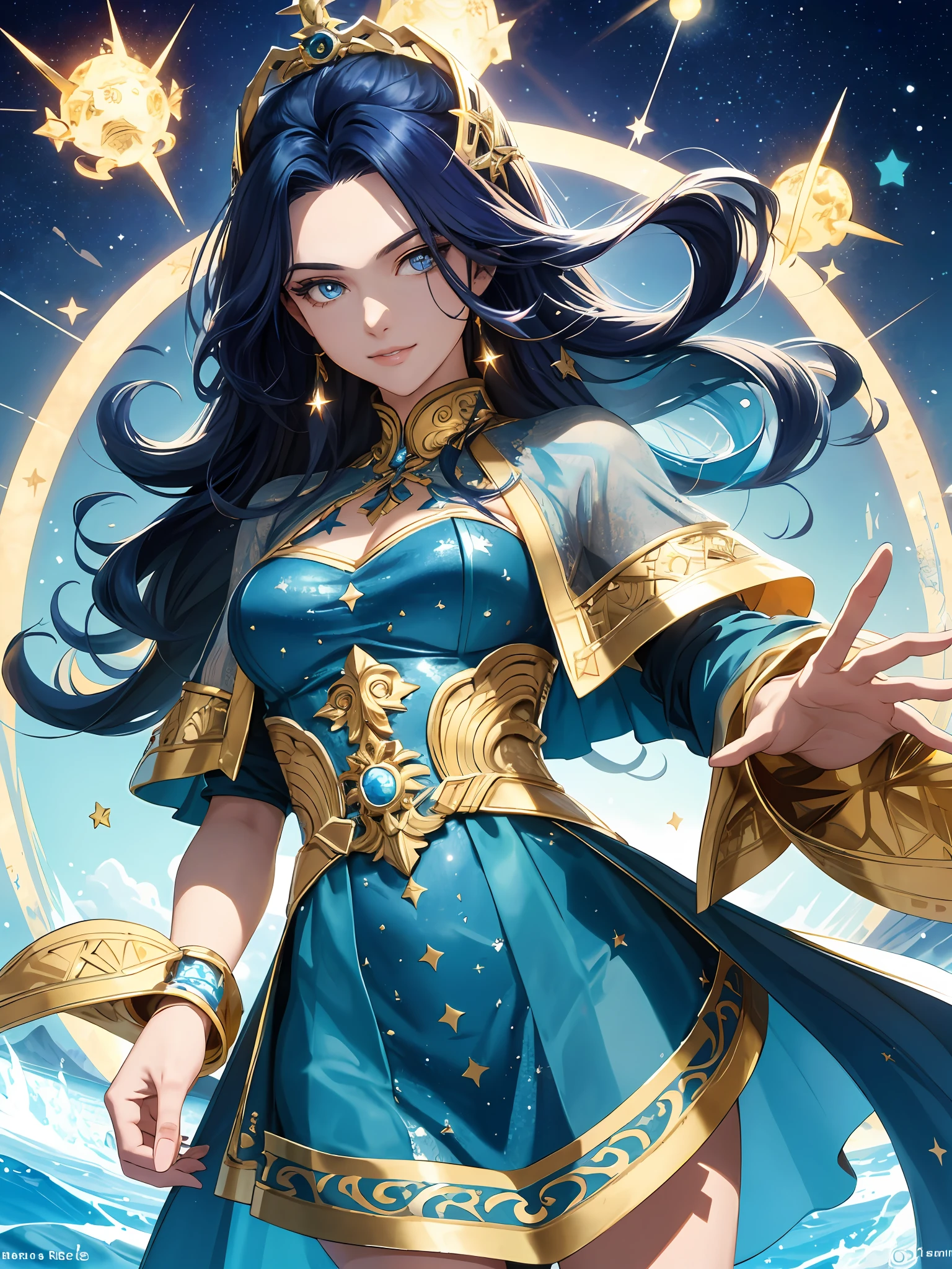 ( High quality , ultra detailed, careful with hand )Zodiac - Sagittarius goddess , similar to latin goodness . Optimistic, fair-minded, funny and intellectual face . Reckless, cold-hearted, impatient, overconfident style . Dark blue eyes (eyes detail) , long hair , deep blue hair with bling bling , transparent dress , in the ocean with stars , whole body , fire make up look , god Chiron