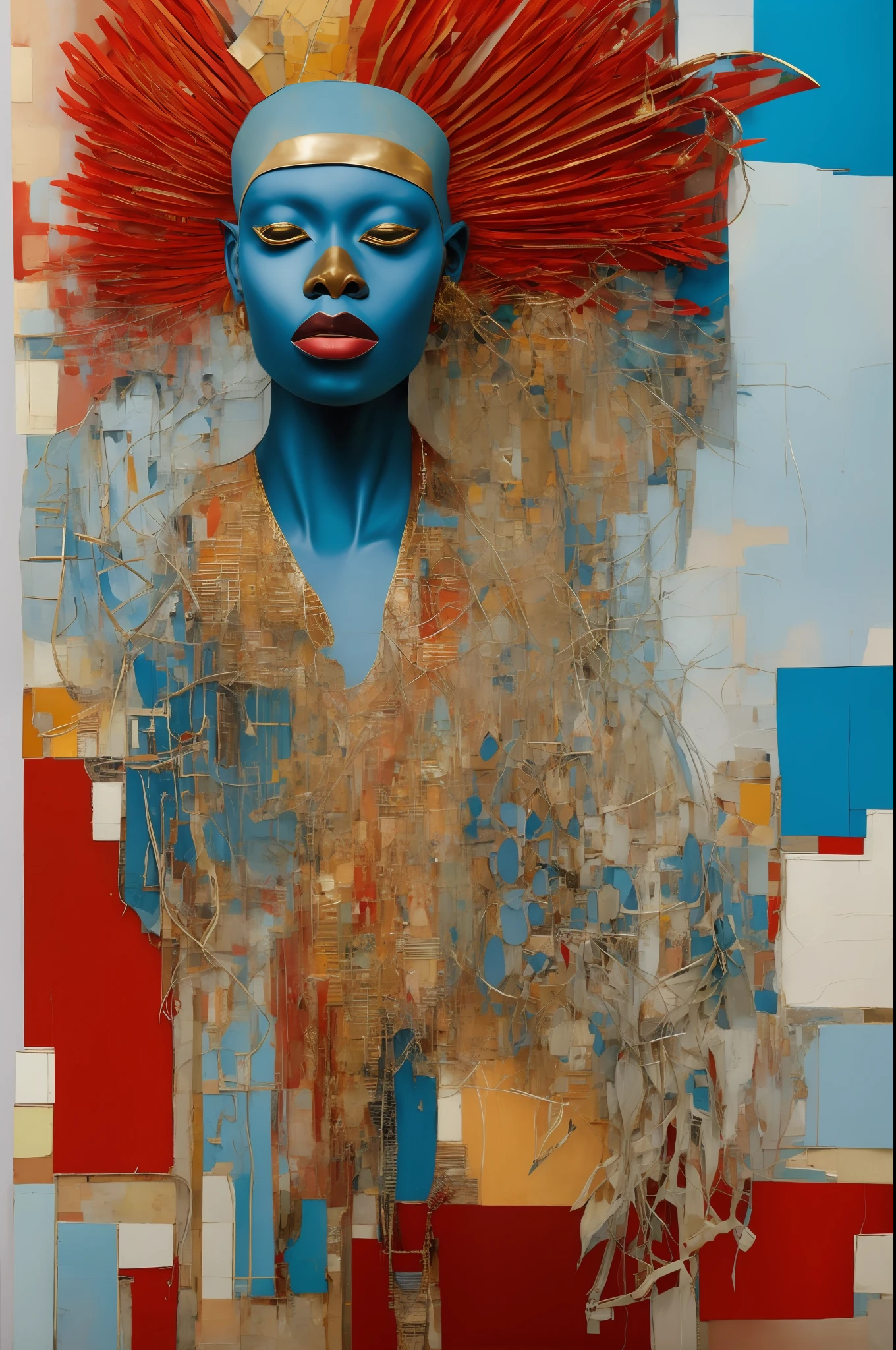 In the style of cyberpunk futurism, African influence, raw etam, light blue and gold, Michael Creese, Steelpunk, Michael Hussar, white background, best quality, high quality, editorial photo, absurdists, masterpiece, intricate detail, film grain, intense red, fabric