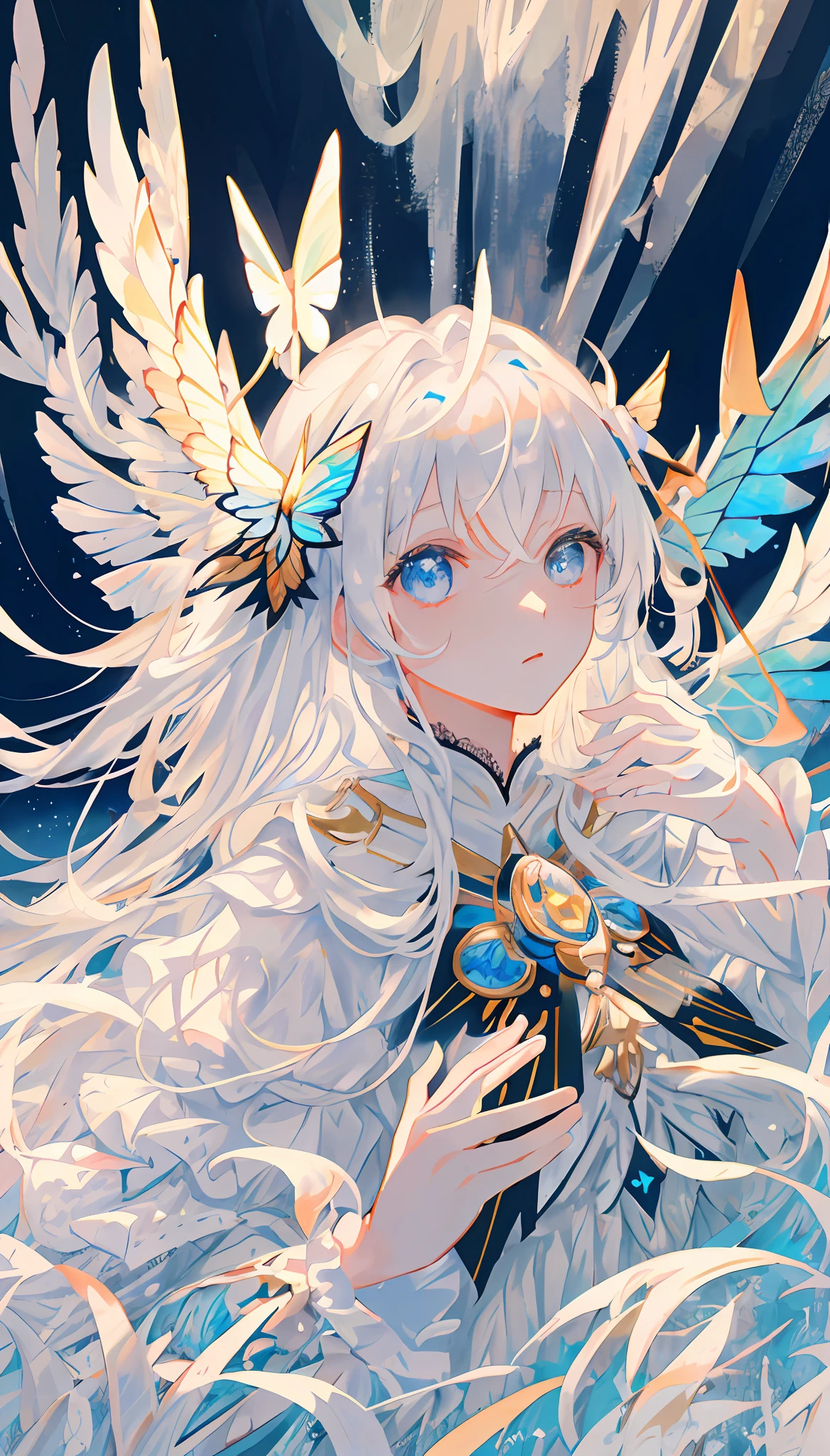 Masterpiece, girl, upper body, extra-long hair, white lace finger gloves, ((prayer)), white big wings, white sea of clouds, white dress, silver hair, blue eyes, silver crown, portrait centered, white ribbon, cold face, butterfly, ((symmetrical)),, {masterpiece}, {best quality}, {1girl}, Amazing, exquisite details, extreme CG, original, extreme detail wallpaper, stereoscopic, HD, beautiful and detailed eyes,