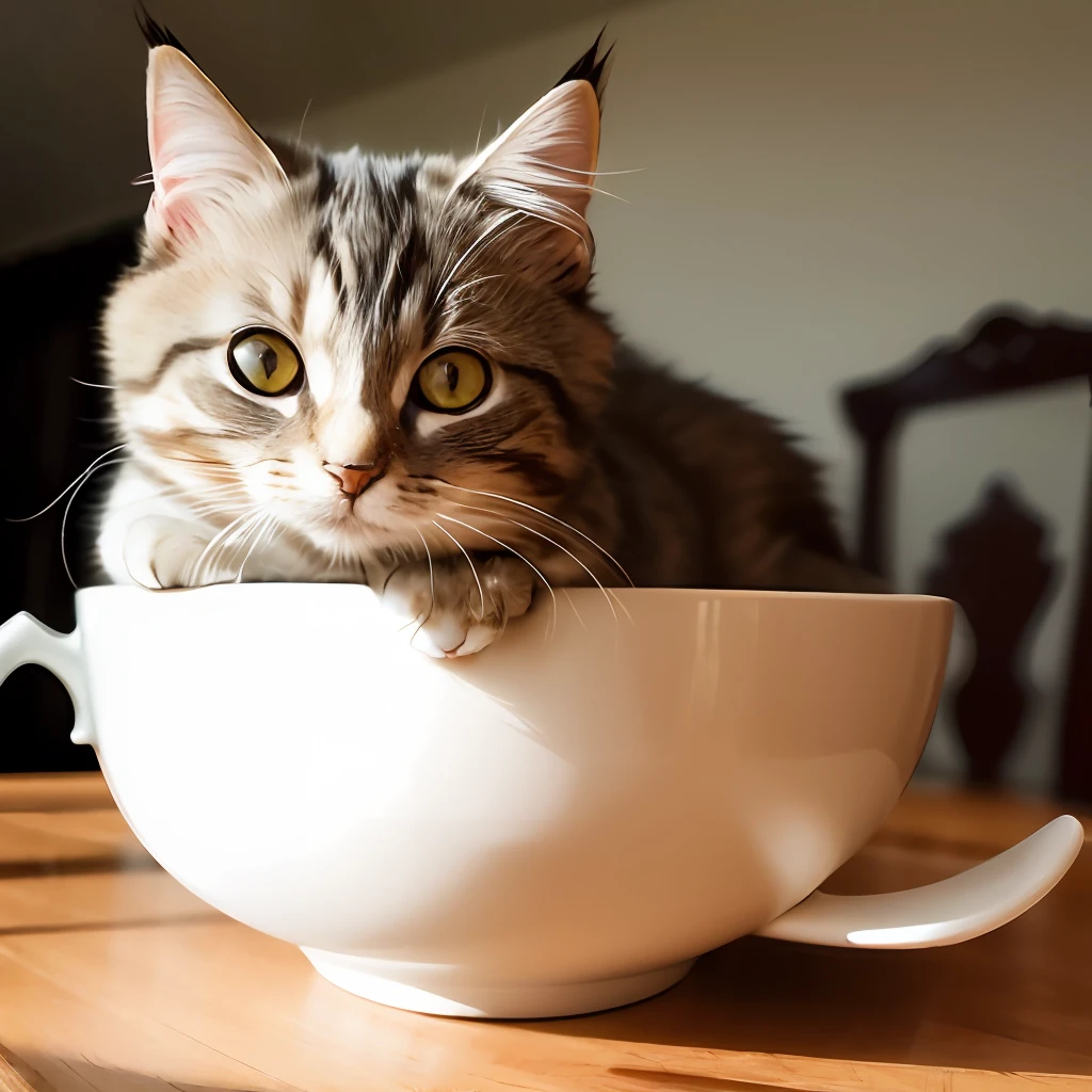 Cat, (Himalayan), (Small)))), in a teacup, Face, Front paws out, 8K, Professional photo, Delicate, Clear, On the table, Inside the house, Sunshine, Light Leak, Masterpiece, ((Pretty))), Fashionable Teacup, (Reality), Plush Toy, Round Pupils