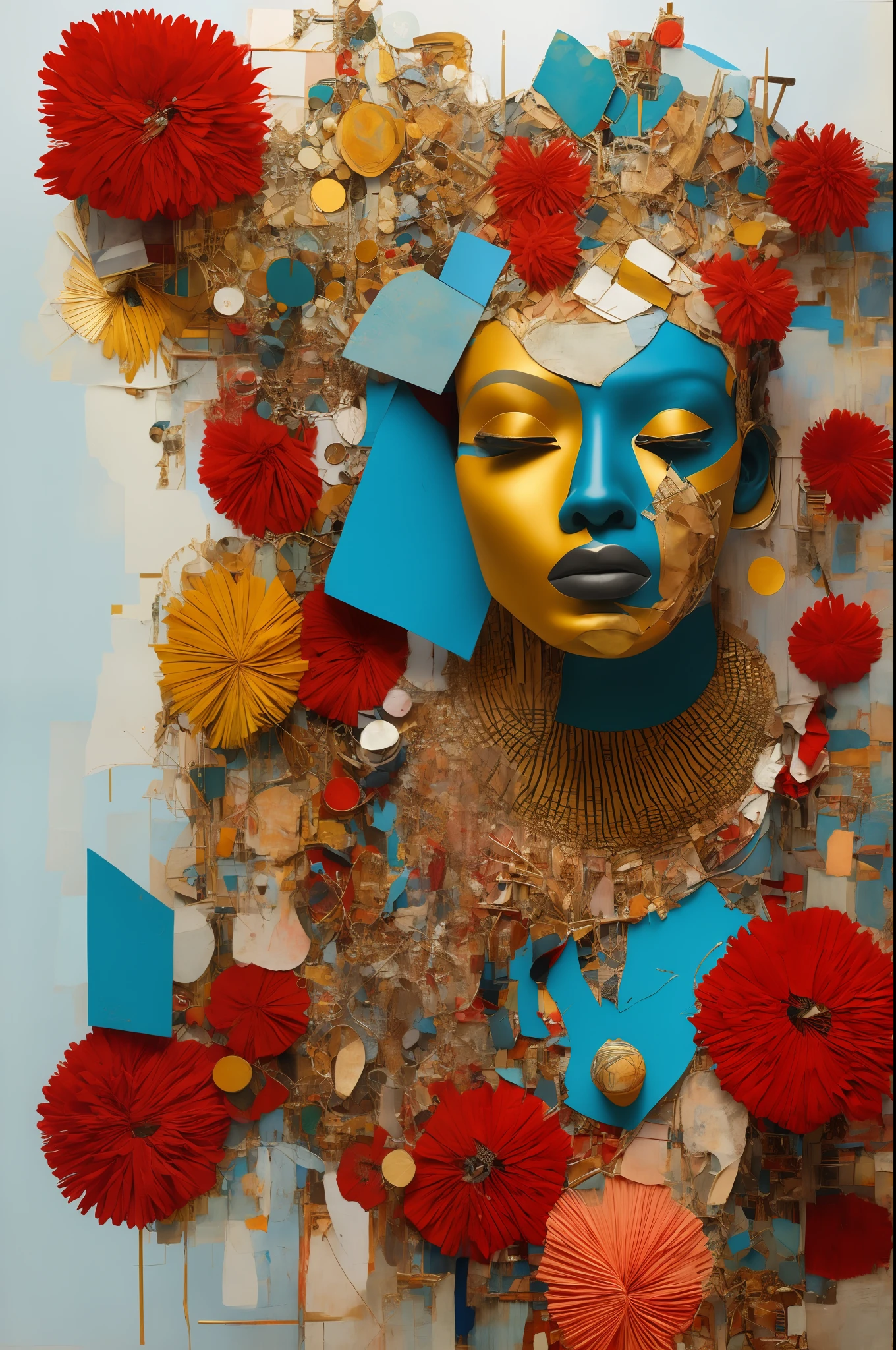 In the style of cyberpunk futurism, African influence, raw etam, light blue and gold, Michael Creese, Steelpunk, Michael Hussar, white background, best quality, high quality, editorial photo, absurdists, masterpiece, intricate detail, film grain, intense red, fabric