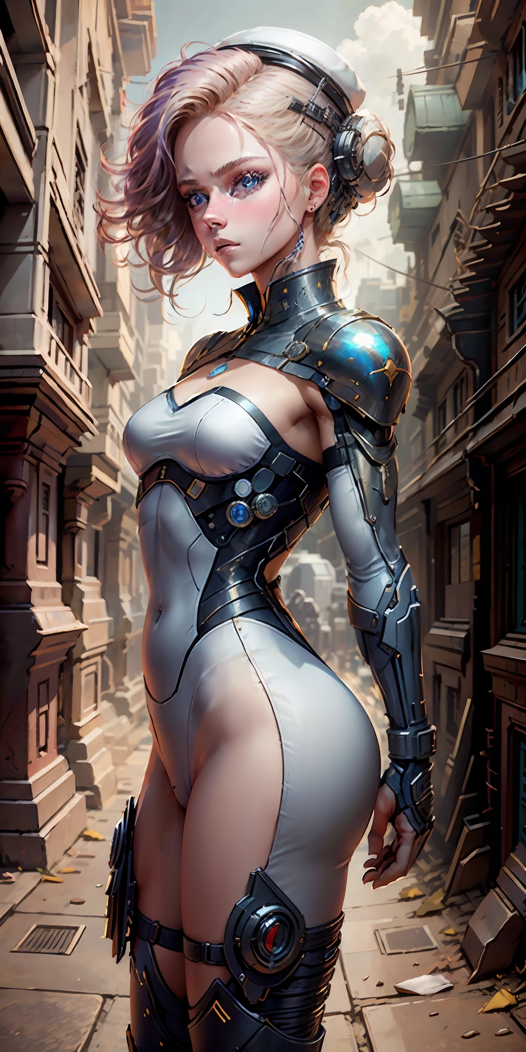 beautiful white swedish woman, 25 years old, cyborg, robot, military, hat, uniform, wearing the garterbelt, garter belt,  face and determination, raw short straight blonde platinum hair, long eyelashes, beautiful azure eyes with bright, surrealism, shadow, stereogram, (realistic, realistic: 1.2), pov, atmospheric perspective, cinematic lighting, ray tracing, 8k, super detail, best quality, masterpiece, good detail, (canan EOS R6, 135mm, 1/1250s, f/2.8, ISO 400:0.9), weapon, neckline, back, Round ass, Russia.