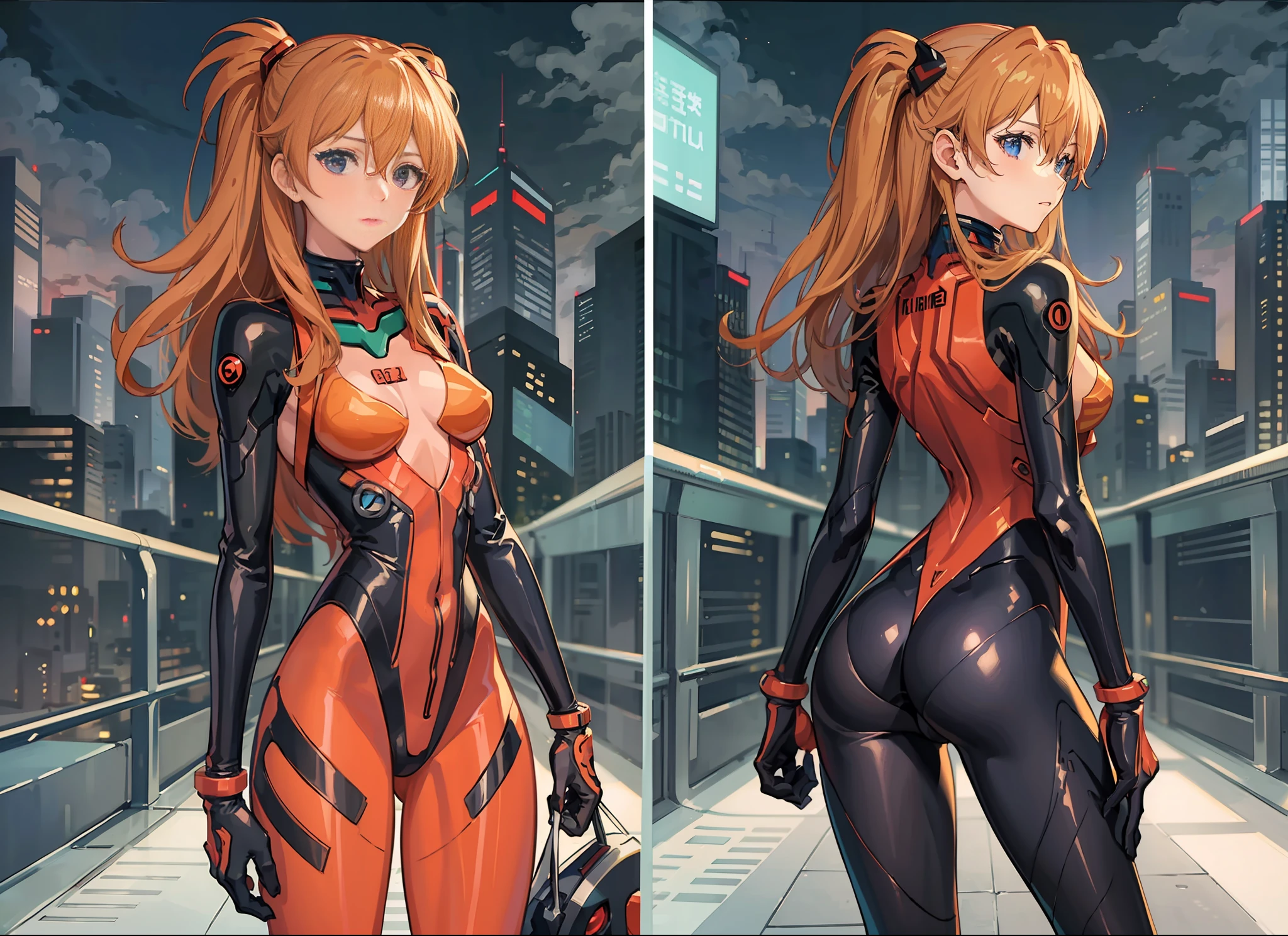 ((masterpiece,best quality, detailed)), full body, night, cityscape, souryuu asuka langley, interface headset, multicolored bodysuit, eyepatch