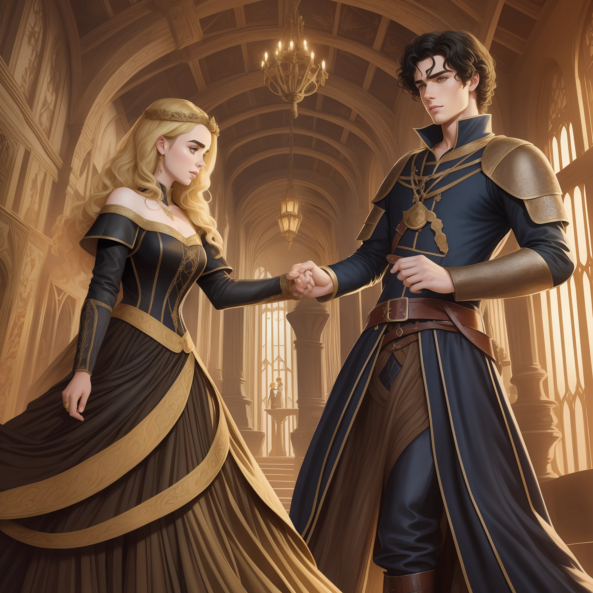 Lily Collins, who has curly black hair, wears a medieval dress; the Neels Visser wears a medieval military outfit and has blonde hair. The couple is waltzing in the ballroom. The illustration is like a book cover with a detailed, bright, illuminated, ultra detailed background, concept art, elegant, art by Greg Hildebrandt, Samyang