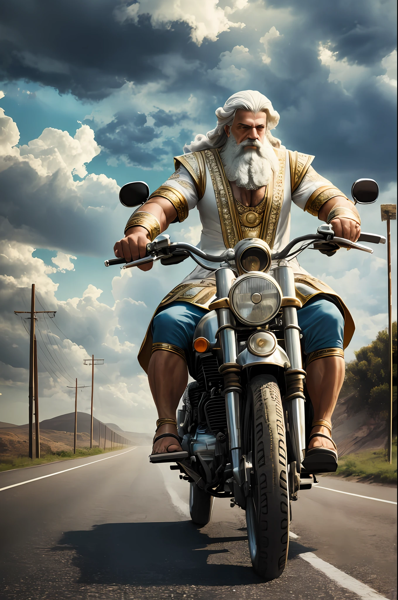 old zeus greek god, wearing period clothes, riding a motorcycle on the road, the sky is thundering loudly, 64k, detailed, high definicion, ultra resolution, Fujifilm XT3, realistic, --auto --s2