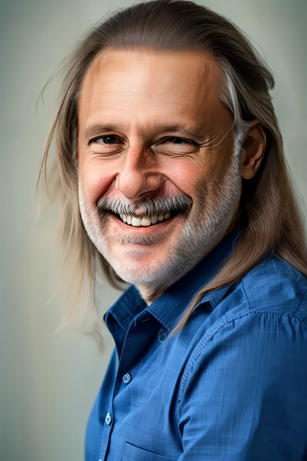 Portrait of a man with a slight smile, long hair, realistic, detailed