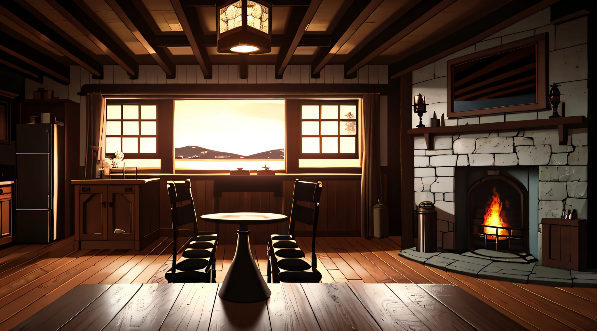 interior of a cottage, night, Symmetrical Camera Framing, Table in the center, Wide Camera Shot, Chimney in the center background ((masterpiece))