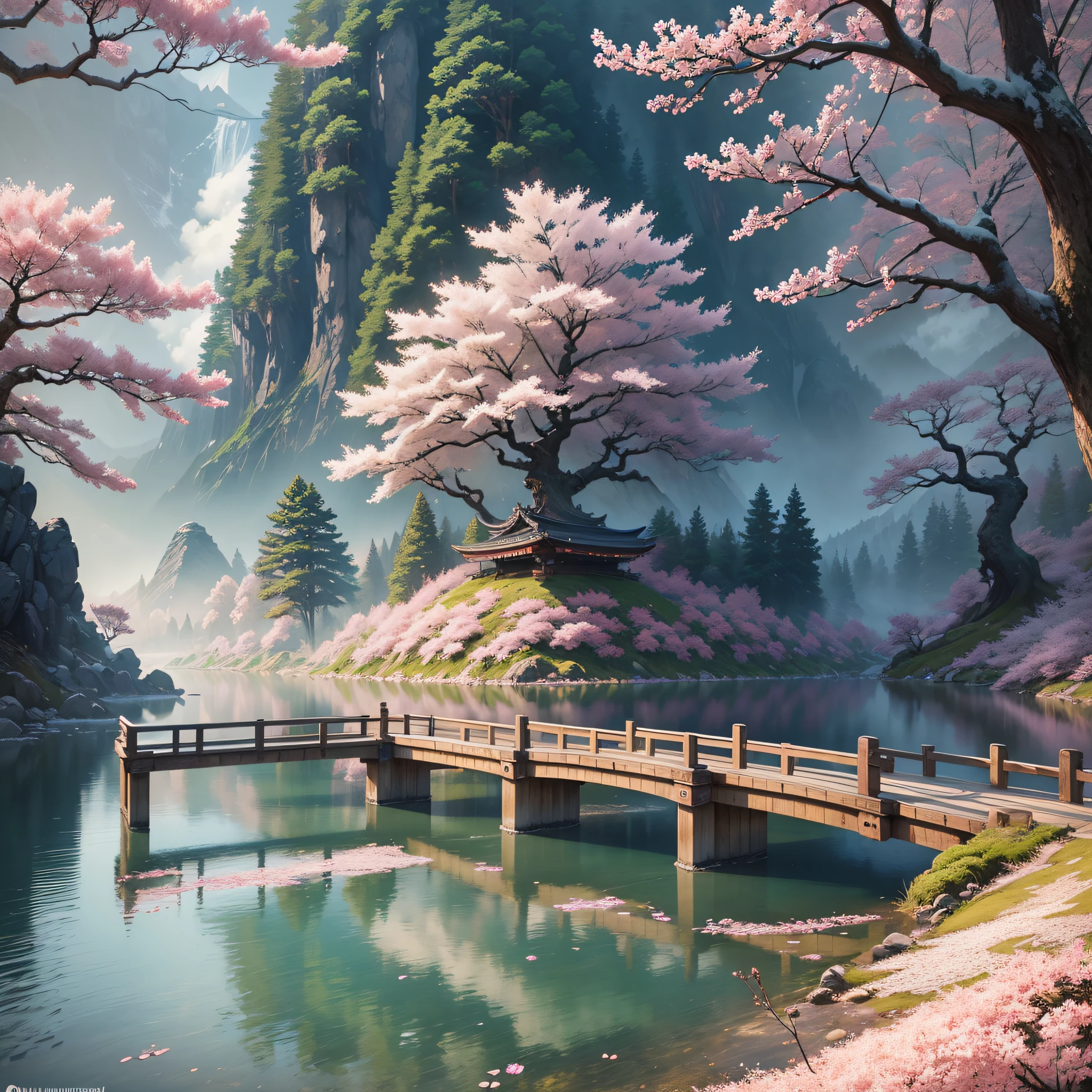 A ultra-realistic CG rendering of Ancient Japan,lake,serene landscape, cherry blossom forest,by Ivan Aivazovsky,in volumetric lighting, Trending on artstation --ar 9:16 --auto --s2