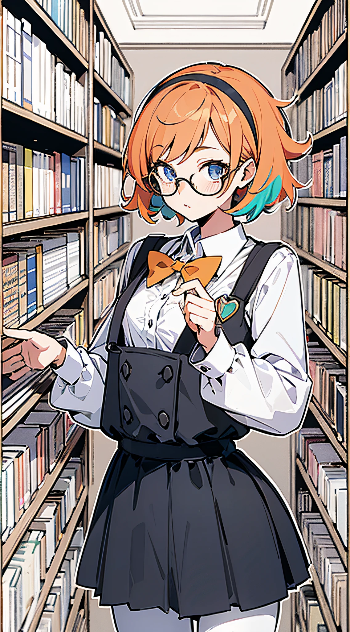 (masterpiece, best quality) by mika pikazo, detailed, 1girl, solo, nerd, library, no outline, colorful flat coloring, glasses, warm, peach