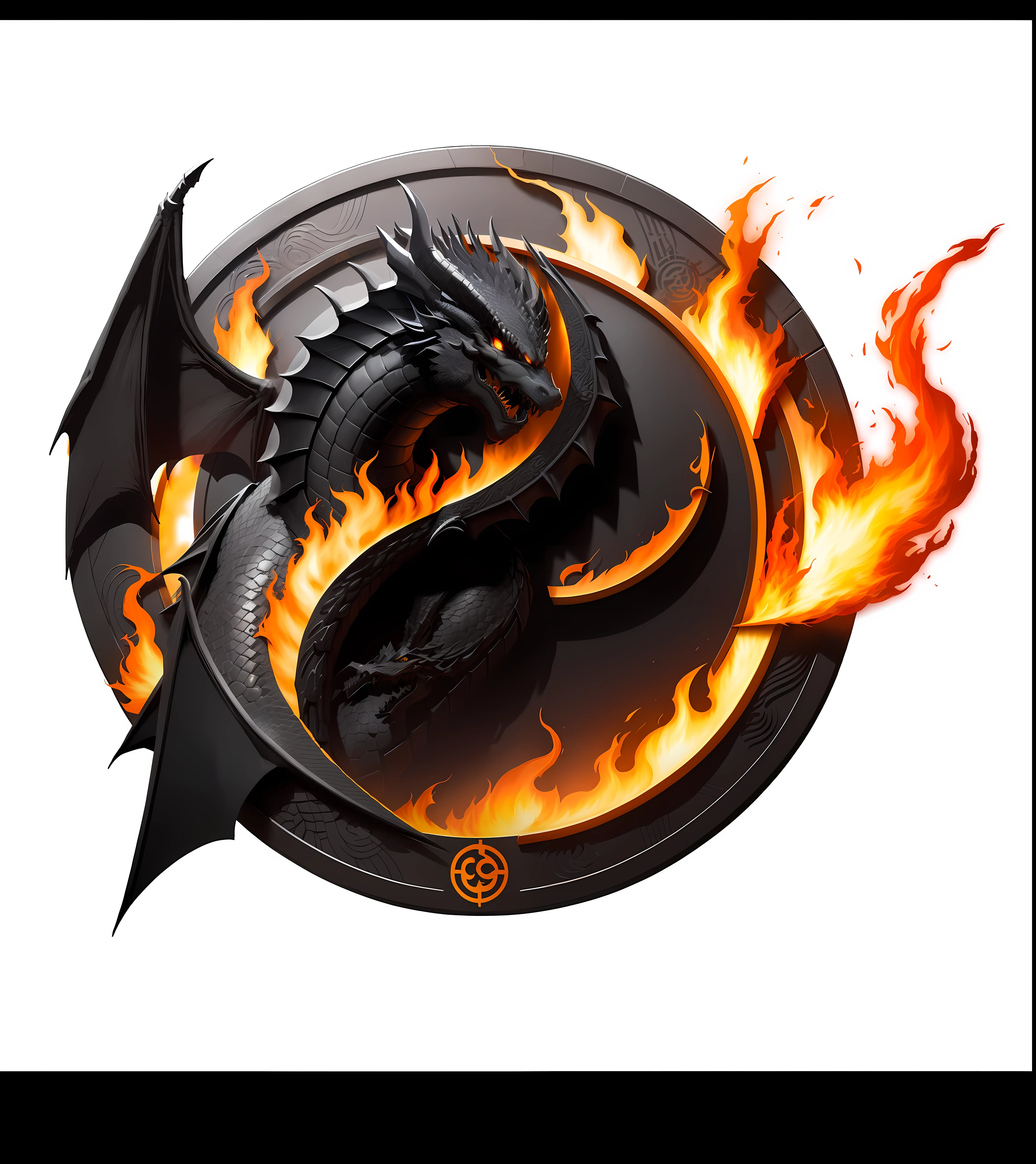 black dragon head with a circular shape, logo, fire circle in the background, border around circle, draconic design, serious dragon