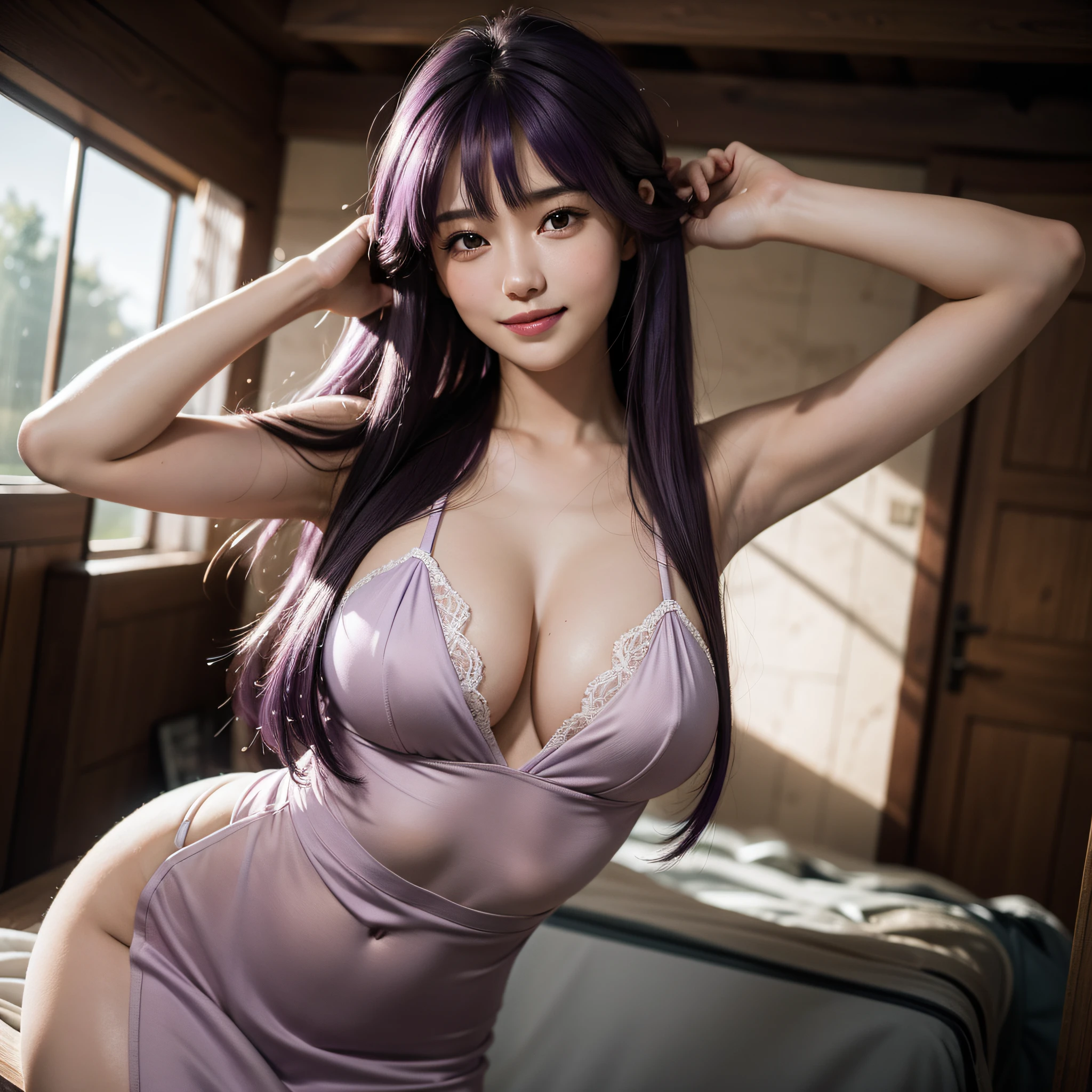 Realistic photo, live action, soft natural light, one cute model, smooth soft skin, (purple hair), drooping hair, natural skin texture, long hair, light on face, dull bangs, soft lighting, very delicate, detailed face, photo realism, looking into the camera, straight ahead, standing straight, , realistic painting, sharp focus, 8k, (red dress), big breasts, perfect composition, Very detailed, Unreal Engine 5, pictures, cinematic smooth and intricate details, studio photos, very detailed, detailed hairstyle, smile.