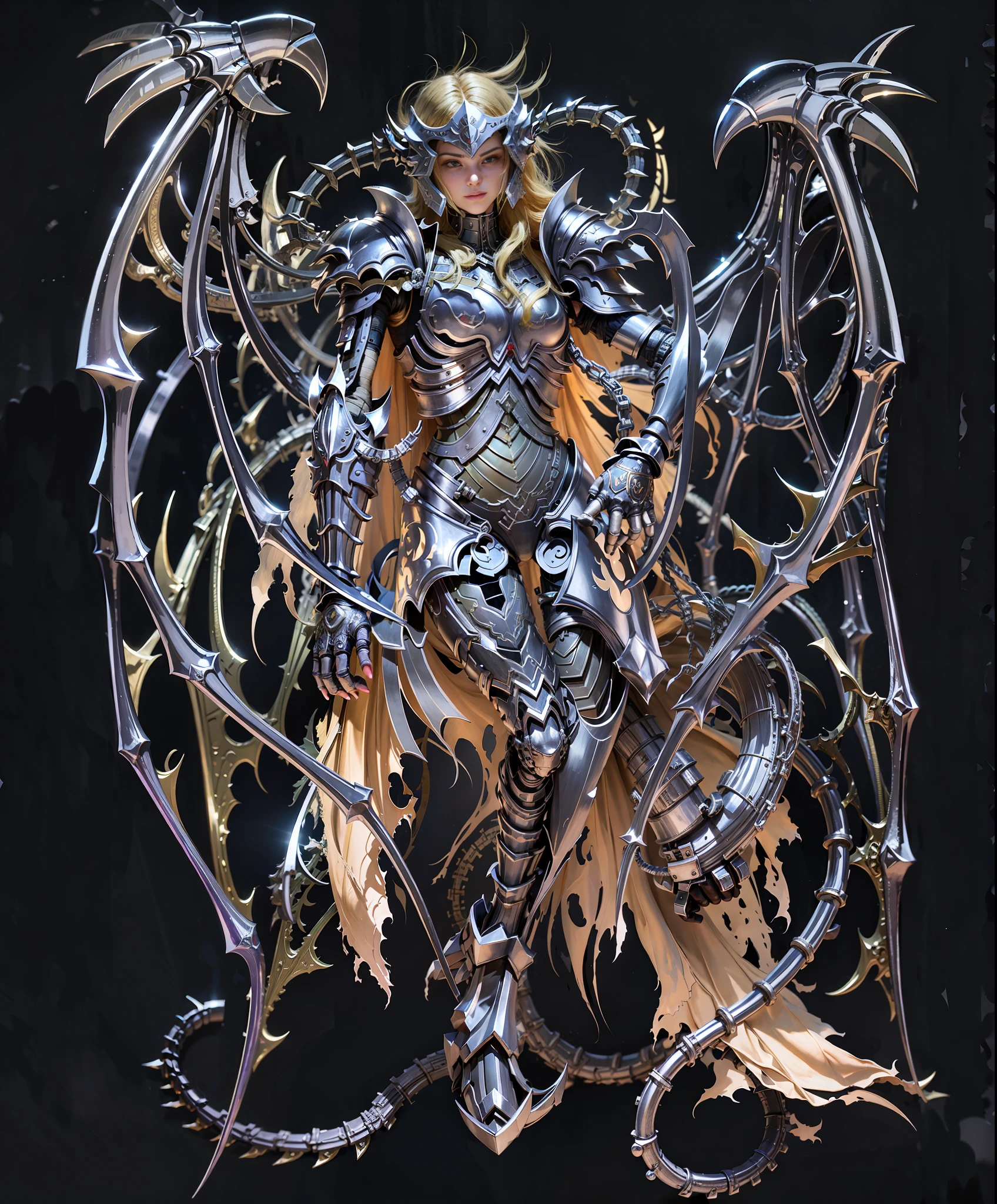 High quality, a ager in armor, evil smile, helmet, retro gorgeous armor, metallic texture, upright legs, shabby cape, 8K, realism, correct anatomy, perfect limbs, perfect fingers, blurred background, ray tracing