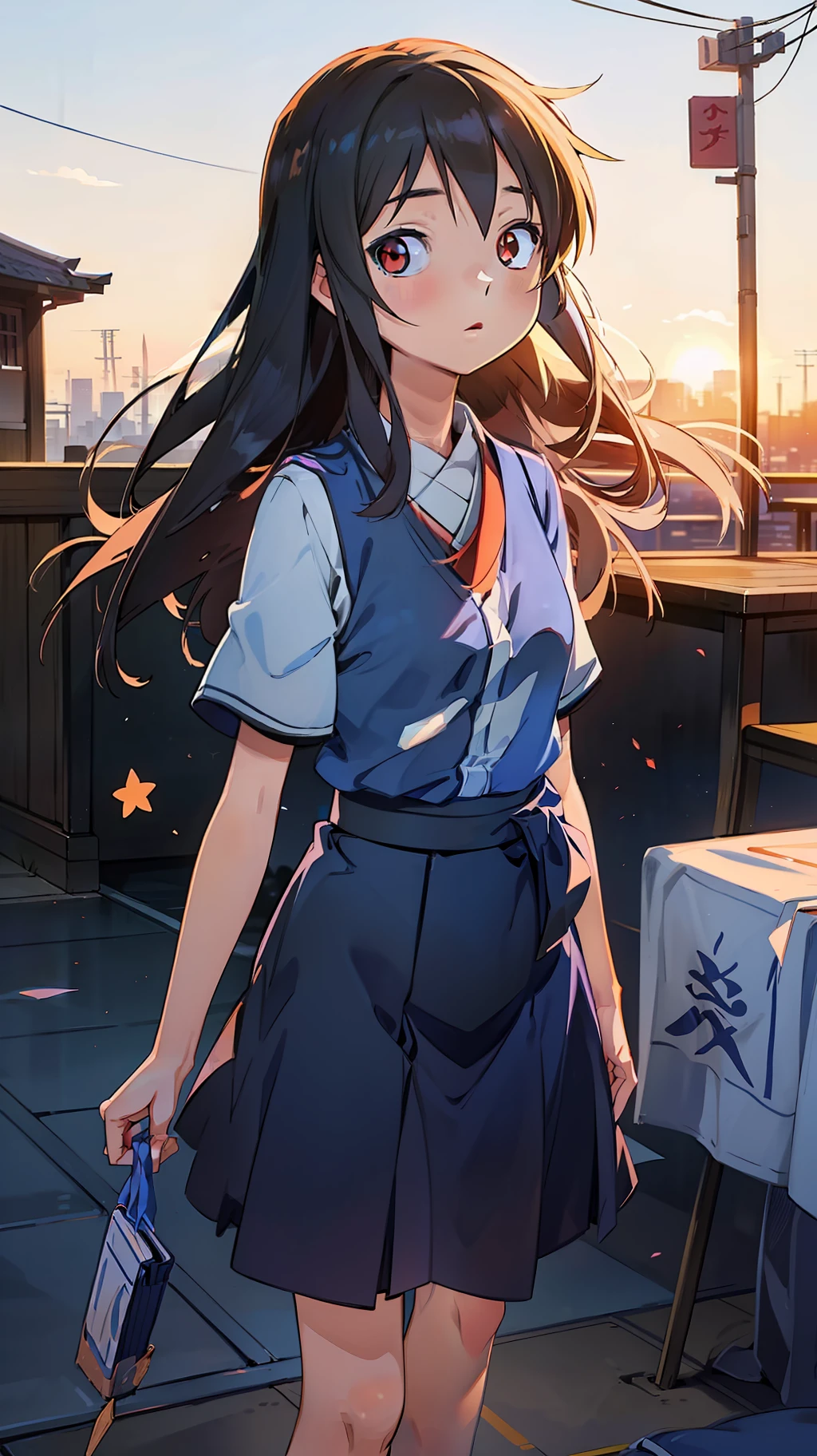 1 girl, standing back to the viewer, facing at the sky, orange blue sky, perfect sky condition, kimi no nawa sky, sunset sky, detailed japanese high school uniform, detailed sky, a little bit star, shiina mahiru, mashiro shiina