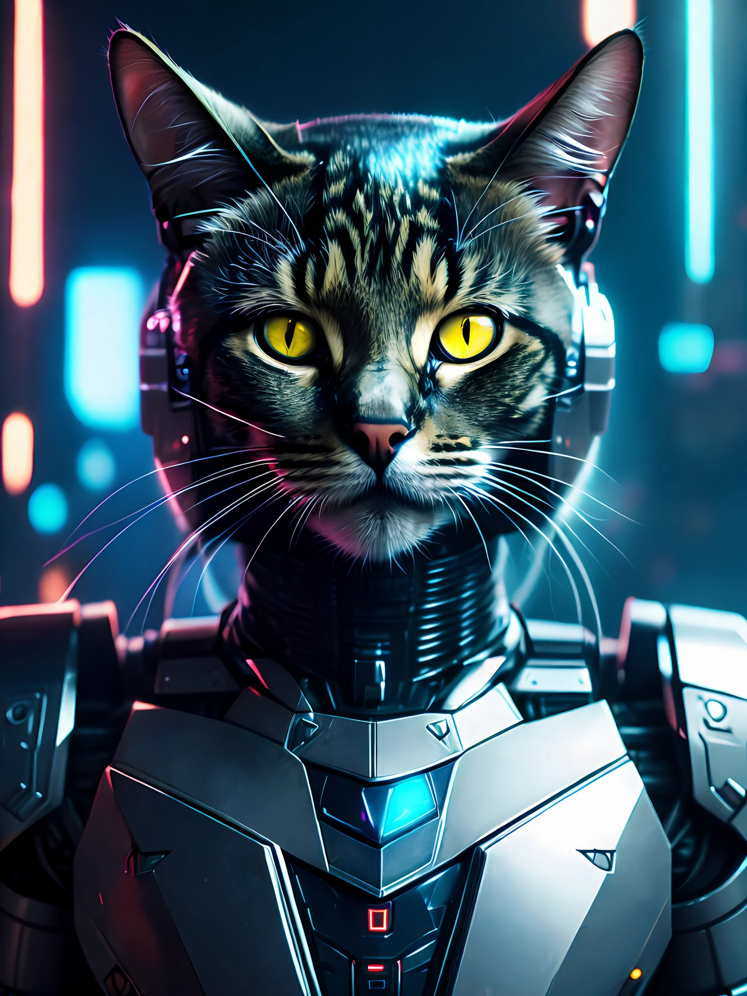 Cute cat as Doomsday Killer, realistic sci-fi cyberpunk power armored robot, close-up portrait movie, 8k, hdr, ((intricate detail, super detailed)), (backlight: 1.3), (movie: 1.3), (ArtStation: 1.3)