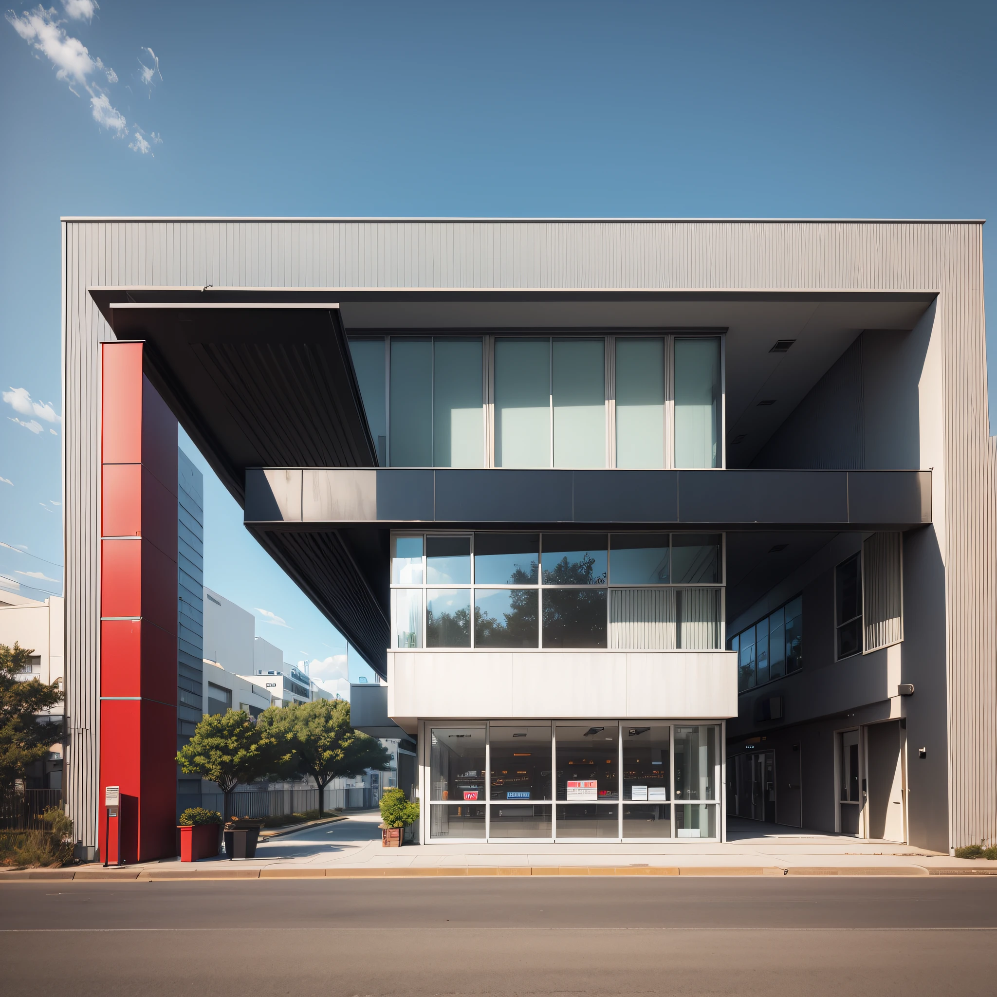 Create an image of a modern building with a red and white façade. The building should have a large glass window on the left side and a white wall with the word 'CINEMA' in red on the right side. There should be a group of people standing in front of the entrance, which is a black awning with white letters. The entrance must be accessed by a set of stairs with metal handrail. The sky should be blue and there should be trees in the background. --auto --s2