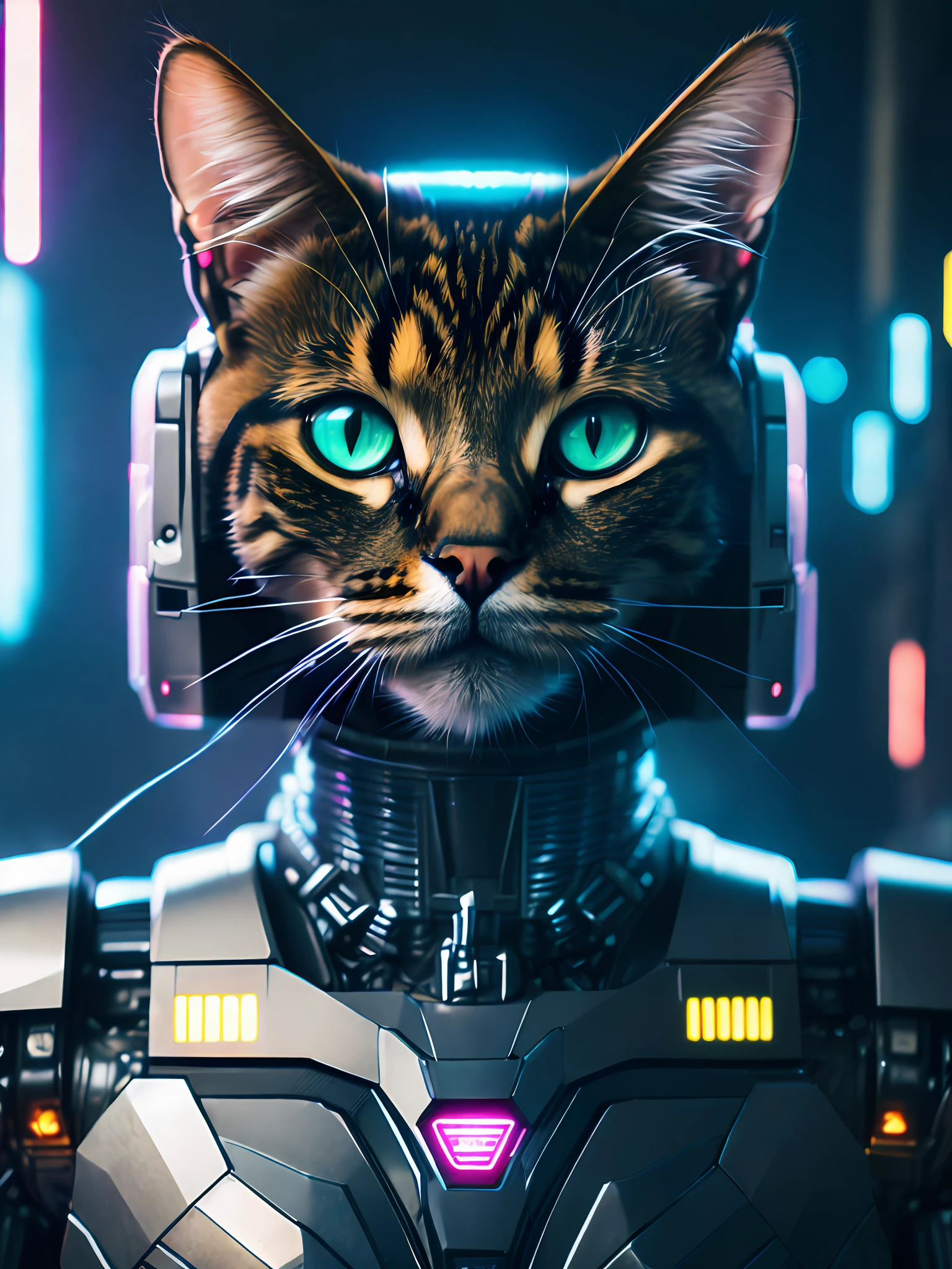 Cute cat as Doomsday Killer, realistic sci-fi cyberpunk power armored robot, close-up portrait movie, 8k, hdr, ((intricate detail, super detailed)), (backlight: 1.3), (movie: 1.3), (ArtStation: 1.3)