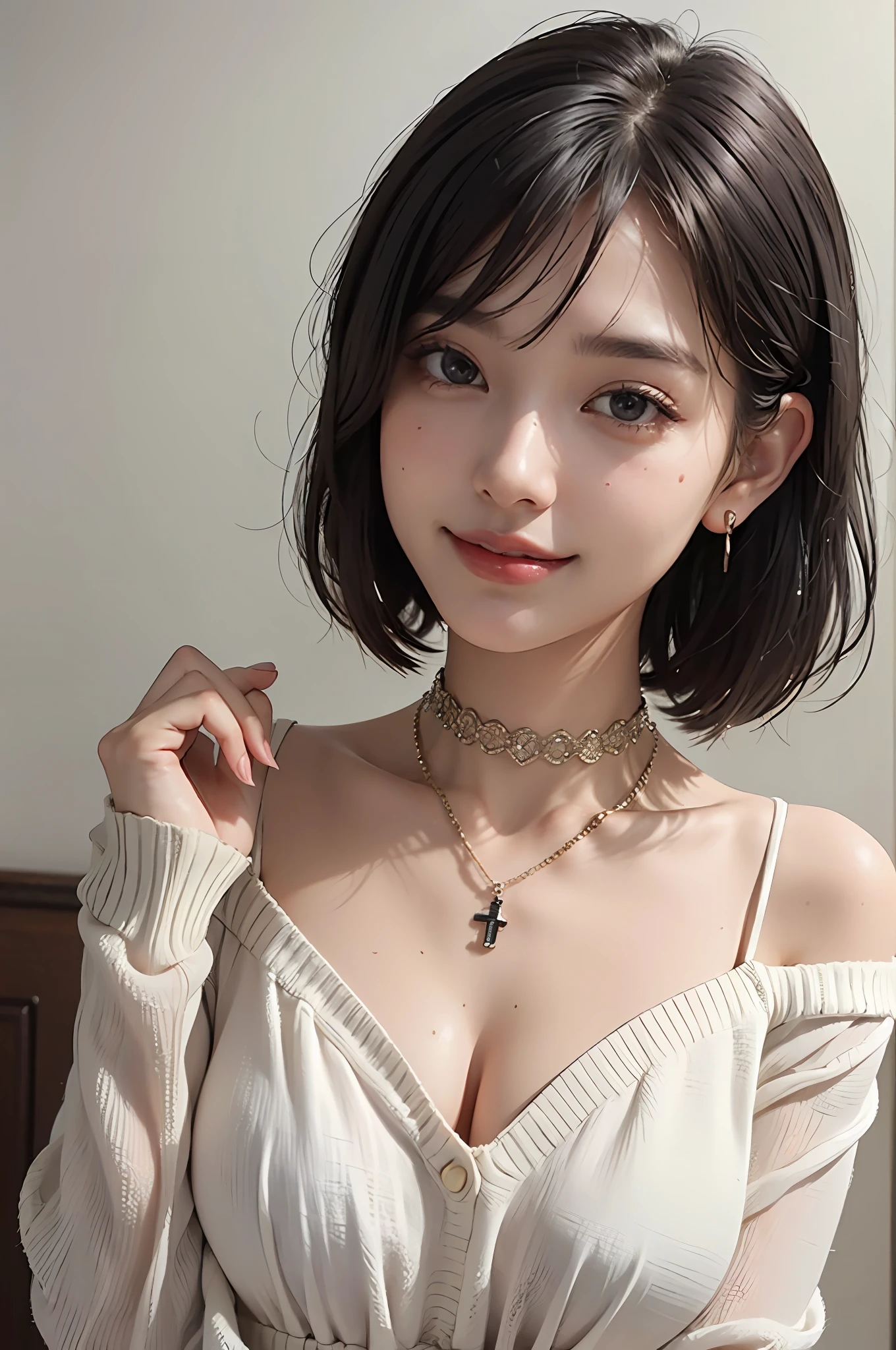 Top Quality, Masterpiece, Ultra High Resolution, Photorealistic, 1 Girl, Shirt, Smile, oversized_sweater, Soft Lighting, Detailed Skin, Black Hair, Moderately Windbling, Straight Hair, Short Bob Hair, Glossy, Pronounced Double, Big Eyes, Big Breasts, Choker, Ears, Underwear, Vivid Background, (Best Quality, 8K, Masterpiece: 1.3), Pretty woman with perfect figure: 1.4, dark brown hair, big, wearing pendants, torn shorts, sleeping in bedroom, very detailed face and skin, detailed eyes, double eyelids, top quality, masterpiece, (photorealistic: 1.4), one woman, golden ratio, high angle shot, upper eye care, low angle shot, perfect face, beautiful figure, cute face, face close-up, Zoom in on face, short bob, short hair, smile from different angles, smile, gloss, highlight, gloss, glossy on skin, glossy skin, wet skin, wet, bangs, cute smile, bust, off-shoulder, refreshing charm, elegant, perfect hands, smile from angle, smile, shiny, highlight, glossy skin, bangs, bust, big, warm color off-shoulder, refreshing charm, Ears, gaze to the camera, poses at different angles, pale eyes