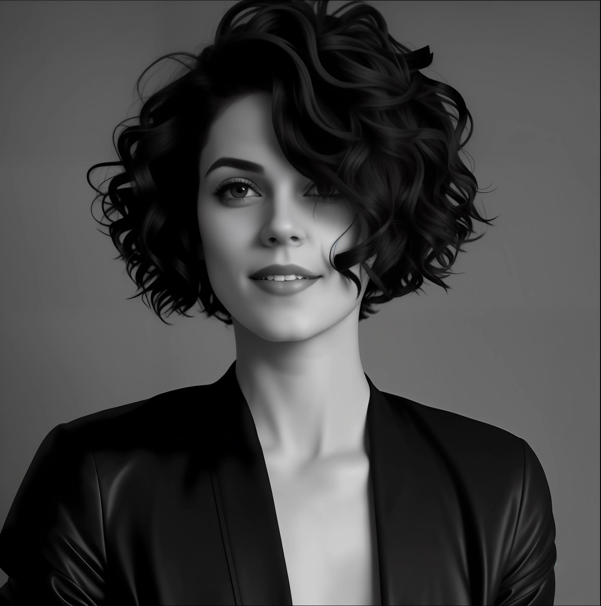 a black and white photo of a woman with a jacket on, (dark shorter curly hair), curly middle part haircut, by Silvia Pelissero, messy black bob hair, french bob, dark short curly hair smiling, black bob cut hair, wavy and short top hair, short wavy hair, very short curly hair, short curly hair, french bob hair