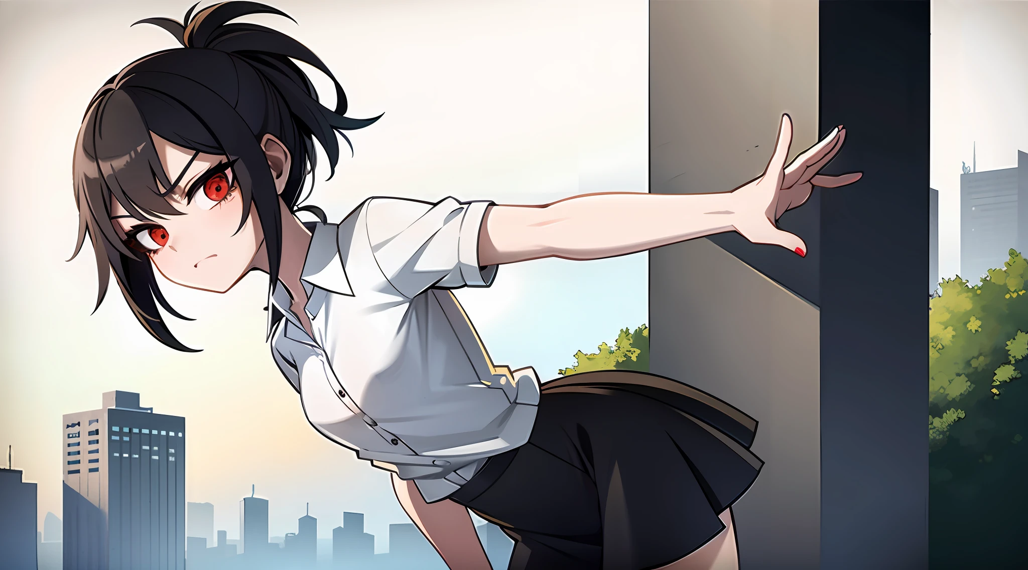 (masterpiece:1.0), (best quality:1.2), 1girl, diagonal bangs, high ponytail, red eyes, black hair, (ultra-high resolution:1.2), 8K resolution, clear focus, cinematic lighting, detailed beautiful face, detailed skin texture, pale skin, flat chest, pale skin, flat chest, pale, (solo), female focus, white shirt, button shirt, black skirt, short skirt, standing, ruined city, building, skyscraper, post-apocalypse,  overgrown, grass, moss, twilight, (fog:1.2),,