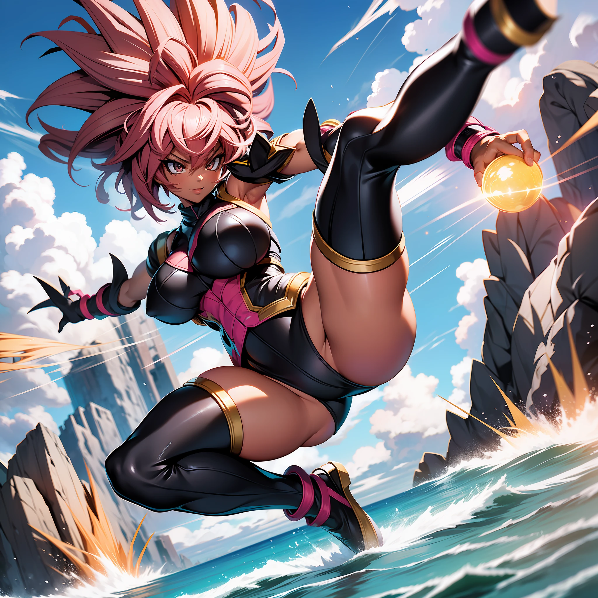 "Ultra-sharp and dynamic details, featuring a black woman in Goku clothes, afro and pink hair with black power, siliconized breasts and a dynamic pose performing a high kick with distinct lines of action, on a beach background." With only 2 arms