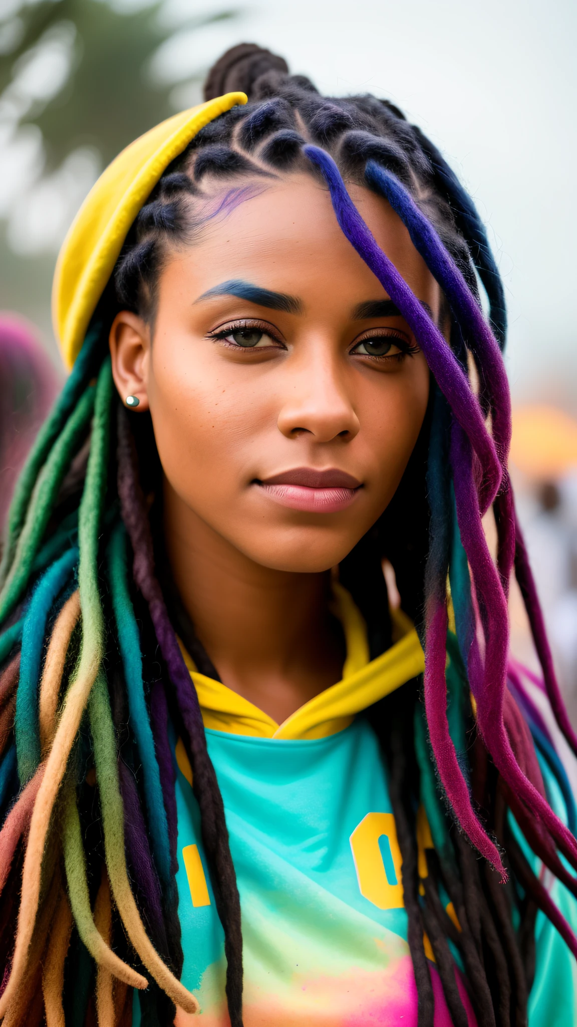 read synthetic colored dreadlocks hair, beautiful American college woman, wearing hoodie, looking at viewer, holi color festival, portrait, hyper detailed POV, by lee jeffries, nikon d850, film stock photograph ,4 kodak portra 400 ,camera f1.6 lens ,rich colors ,hyper realistic ,lifelike texture, dramatic lighting , cinestill 800,