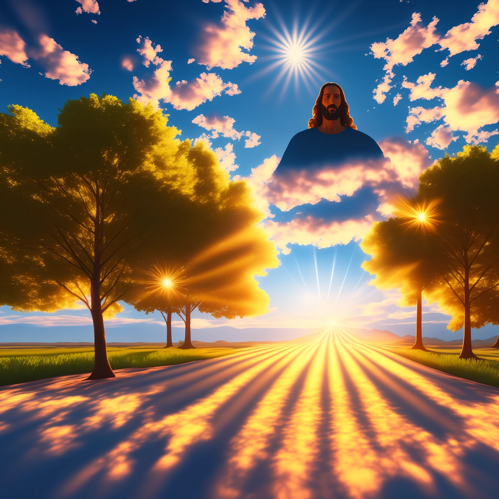 Jesus 3d clouds, 4k bright sun real trees 4k --auto --s2