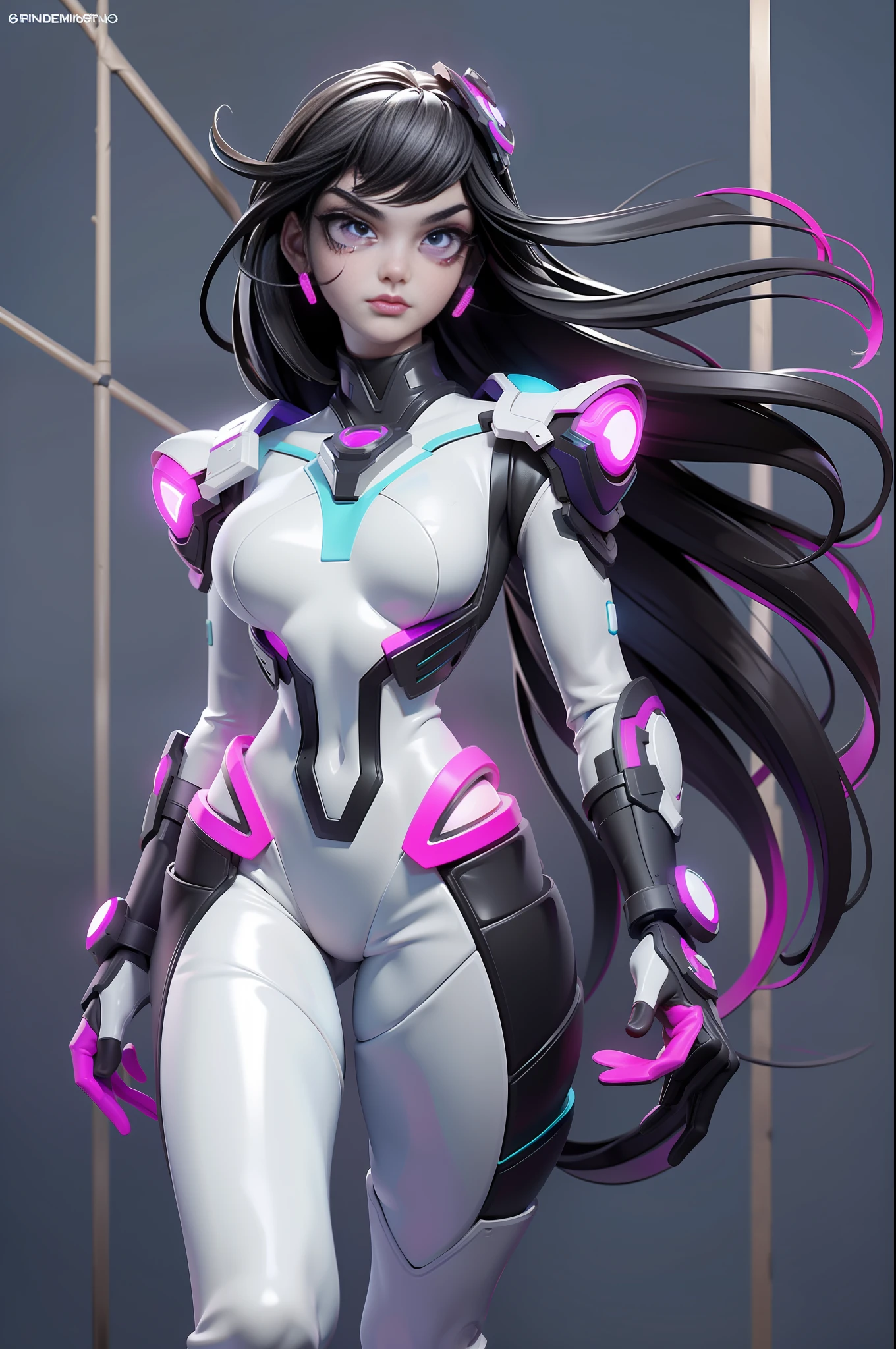 full body picture Unreal Engine 5 8K UHD of beautiful girl, black hair, wearing futuristic white tight battle suit, half face cyberpunk mask, futuristic neck collar, purple light details, beauty makeup, best quality, masterpiece