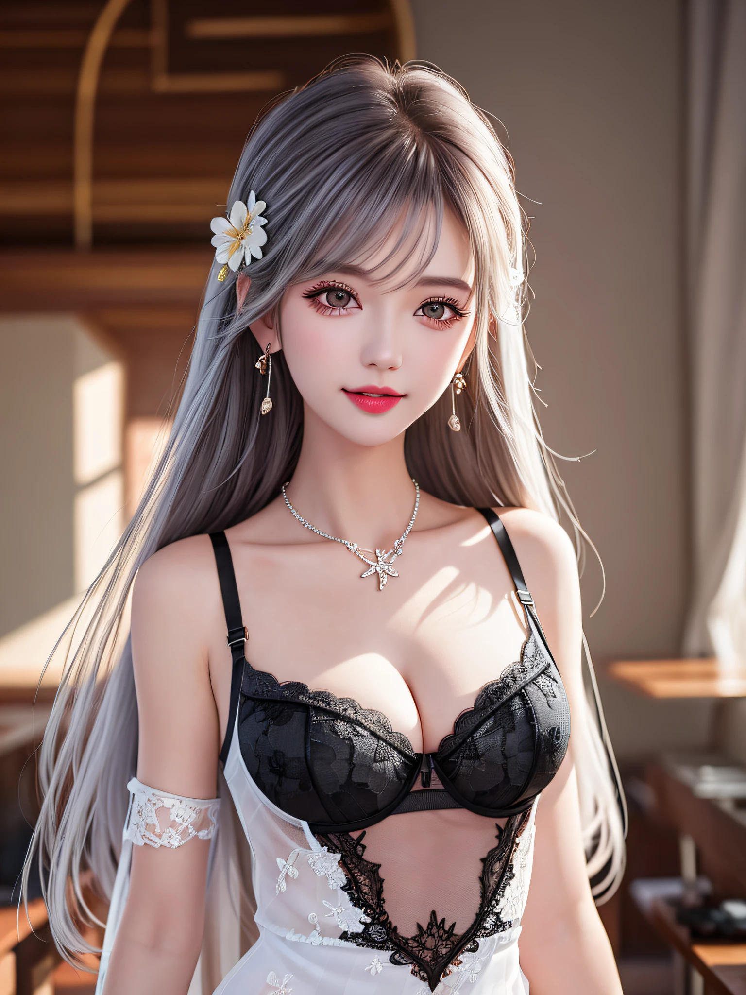 Female Teacher Standing in Classroom v6, Necklace, Earrings, Full Body v6, Long Gray Hair, (Sleeveless One Piece with White Sheer Floral Pattern)), Visible, Superb, Ultra High Definition, RAW Photography, Realism 1.25), (Bright Lip Gloss, Long Eyelashes, Smooth) Face, Bright Skin, Natural Shadows, Wide Light, Wide Light, Depth of Field, Strong Color, Subtle Caultics: 0.8), Smile, (Big) , V6, ((black lace lingerie)),