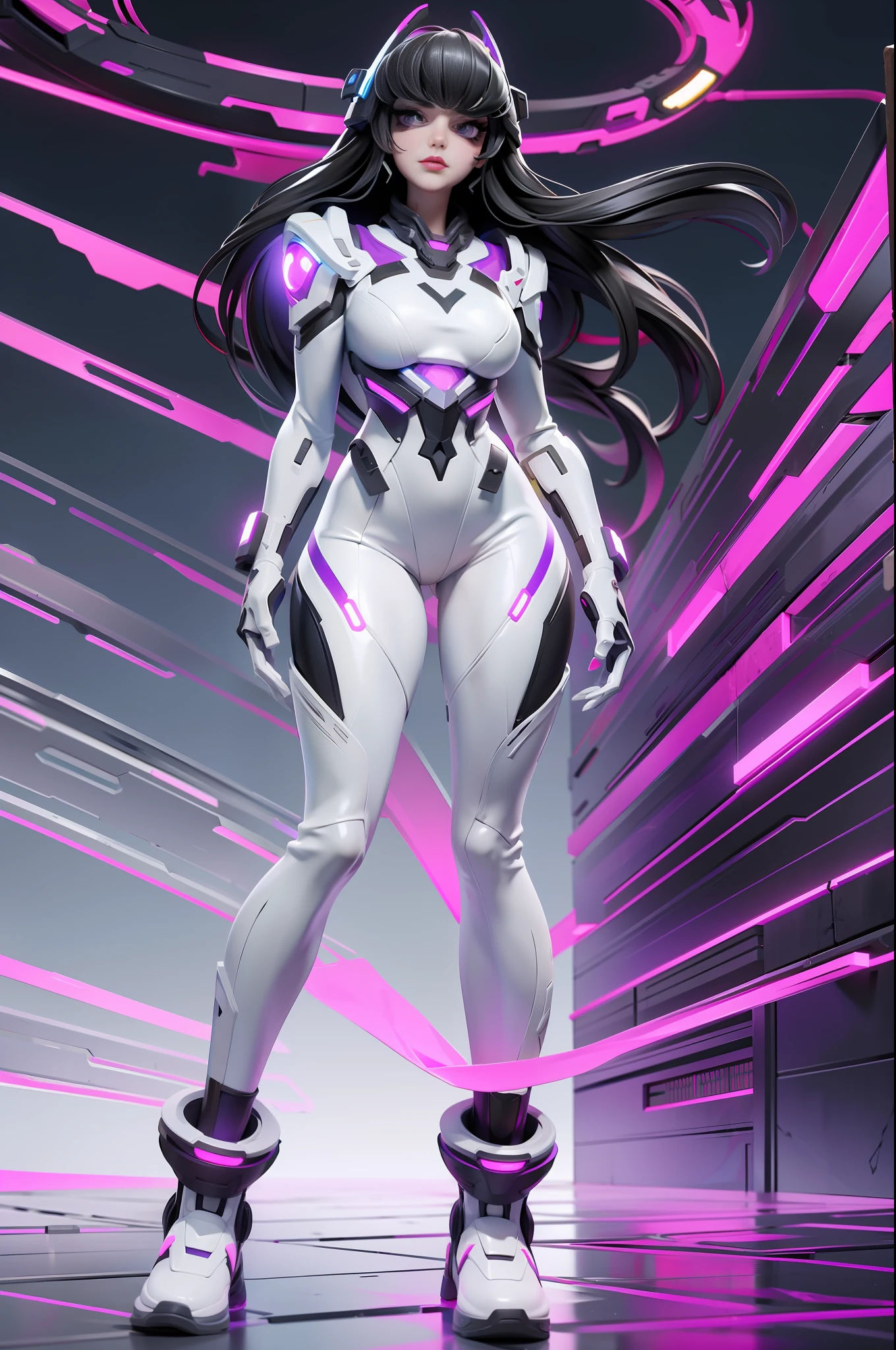 full body picture Unreal Engine 5 8K UHD of beautiful girl, black hair, wearing futuristic white tight battle suit, half face cyberpunk mask, futuristic neck collar, purple light details, beauty makeup, best quality, masterpiece