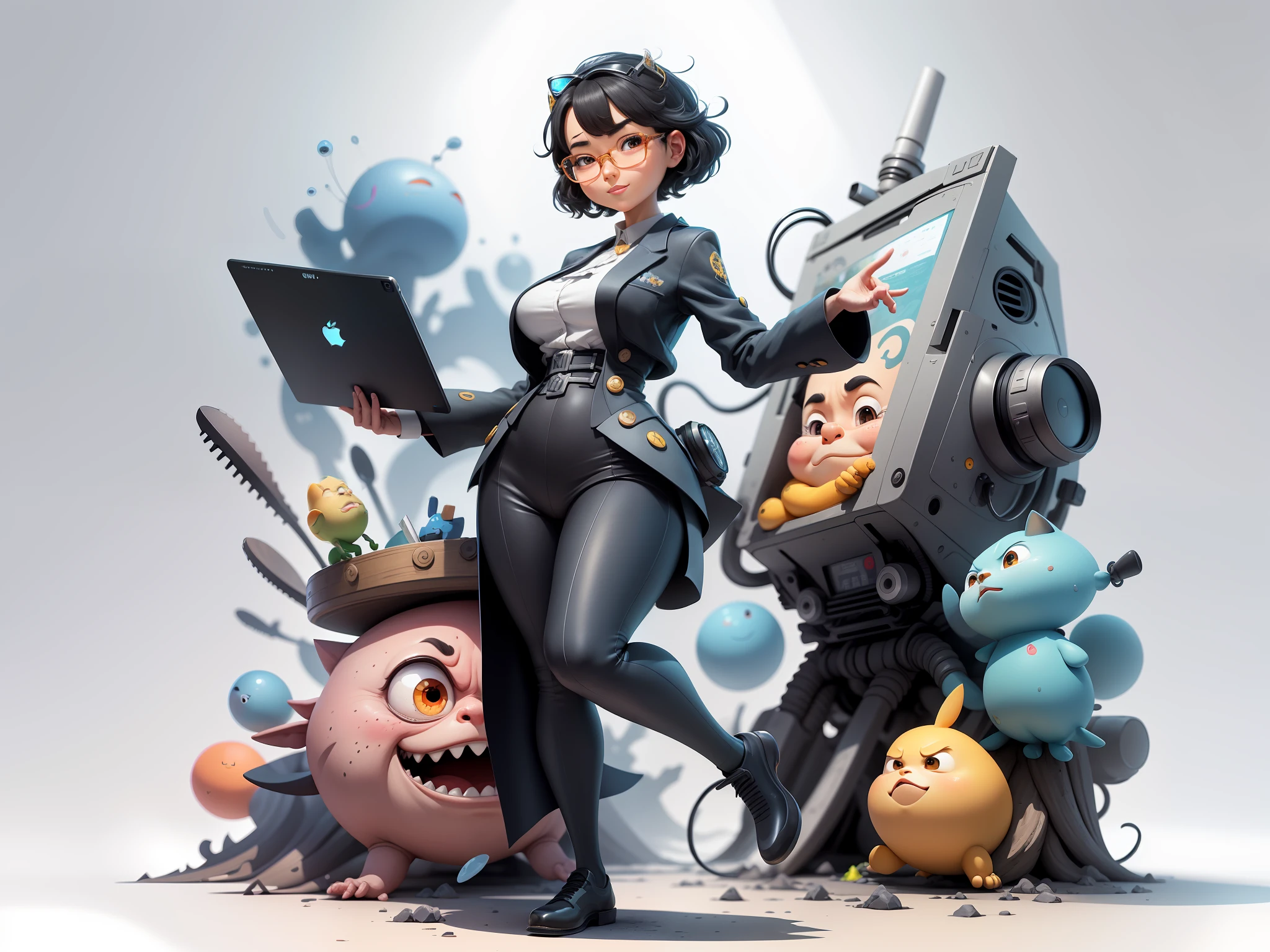 (Masterpiece), (Excellent), (Super Meticulous), (Full Body: 1.2), Super Young Woman, Beautiful, Sexy, Bursting, Oriental Face, TV Anchor, Bust Portrait Illustration, Alone, Black Suit, Blue Tie, Silver Glasses, Slightly Chubby Face, Very Clean Face, No Beard, Black Super Short Hair, Black Eyes, Confident Smile, 3c Computer Sub-Products, iPad, iPhone, Digital Painting, 3D Character Design by Mark Claireldon and Pixar and Hayao Miyazaki, The illustration is a high-definition illustration in 4K resolution with very detailed facial features and cartoon-style visuals.