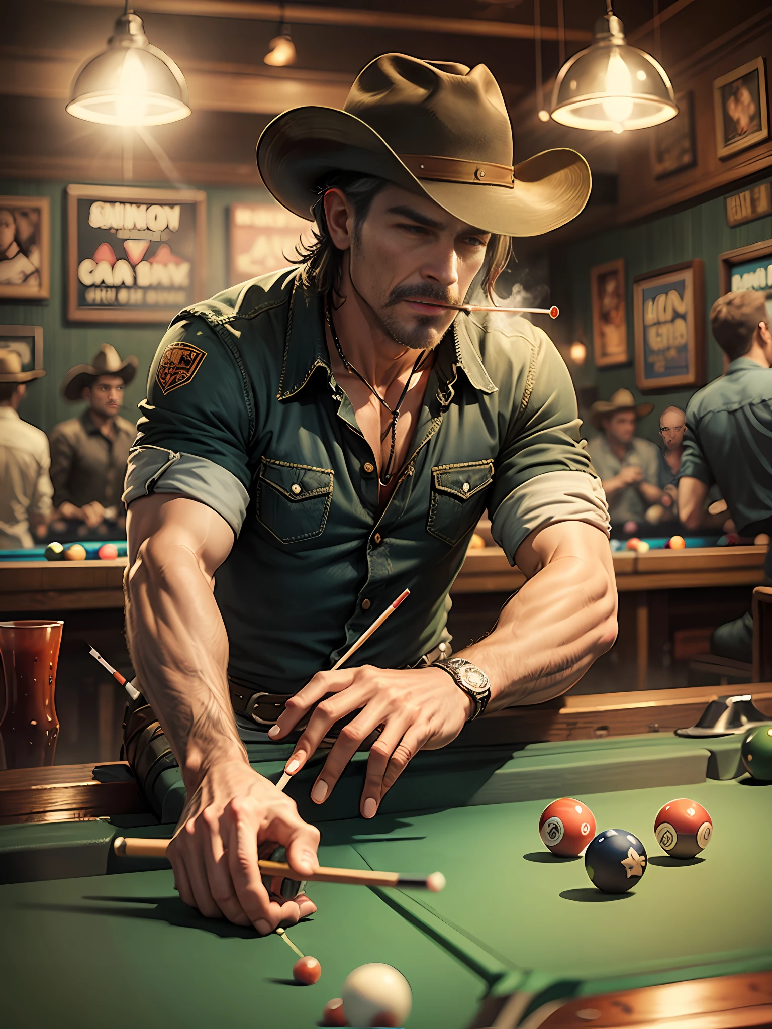 Cowboy playing pool in a bar smoking cigarette --auto --s2