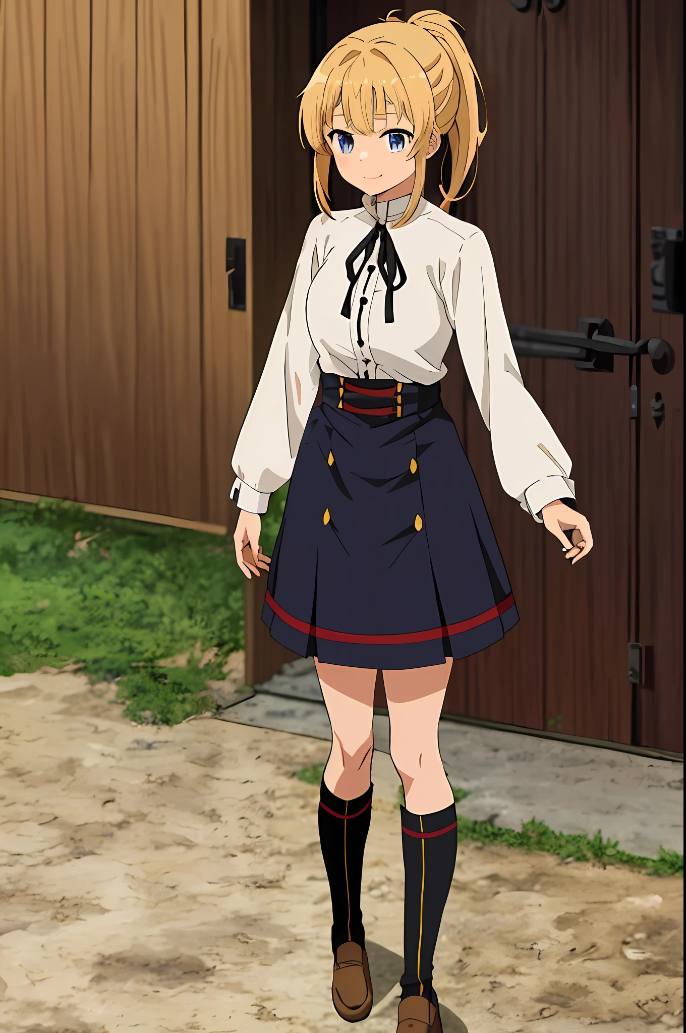 mushoku tensei style, anime coloring, 1girl, Zenith, 1girl, solo, blue_eyes, blonde_hair, smile, long_sleeves, large_breasts, parted_bangs, red_shirt, bangs, ponytail, black_ribbon, brown_skirt, neck_ribbon, pants, long_skirt ((masterpiece)) , nude