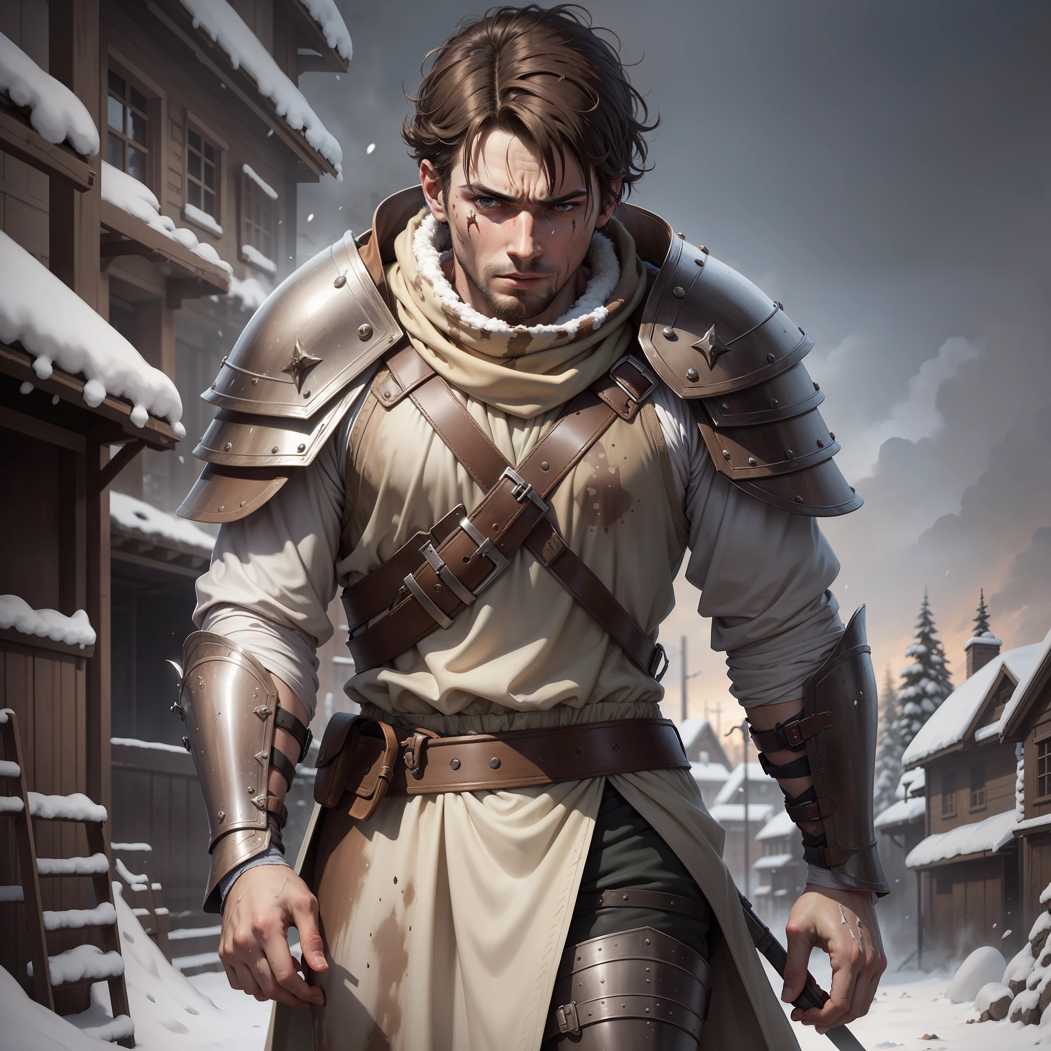 Ultra realistic image of a man with short brown hair, wounded, dirty face, dressed in medieval armor and tunic on his head, expression of pain, walking in the night, snow