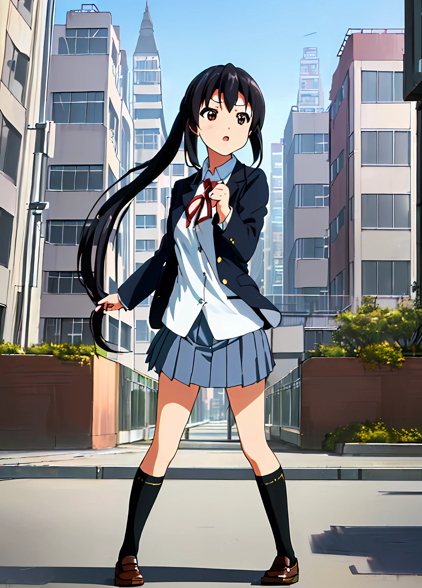 1girl, ((((Masterpiece))), Best Quality, Best Quality, High Detail, Azusa Nakano, 1girl, Sakuragaoka High School Uniform, Musical Instrument, School Uniform, Twin Tails, Long Hair, Black Hair, Brown Eyes, Solo, Red, Dark blue blazer with a thin ribbon of red, Solid white button shirt under blazer, Illustration, Cartoon, Soothing tones, Muted colors, Soft cinematic light, Adobe Lightroom, Photo Lab, HDR, complex and highly detailed, (((depth of field))))). (((Masterpiece))). (((highest quality))).) ((super detail))). (((Illustration))). (((Outside))). (((fighting stance))).,((((Giantization))).dynamic focus.small breasts. (((skyscrapers))). (((Cityscape))). (((Face of sadness))). open mouth.