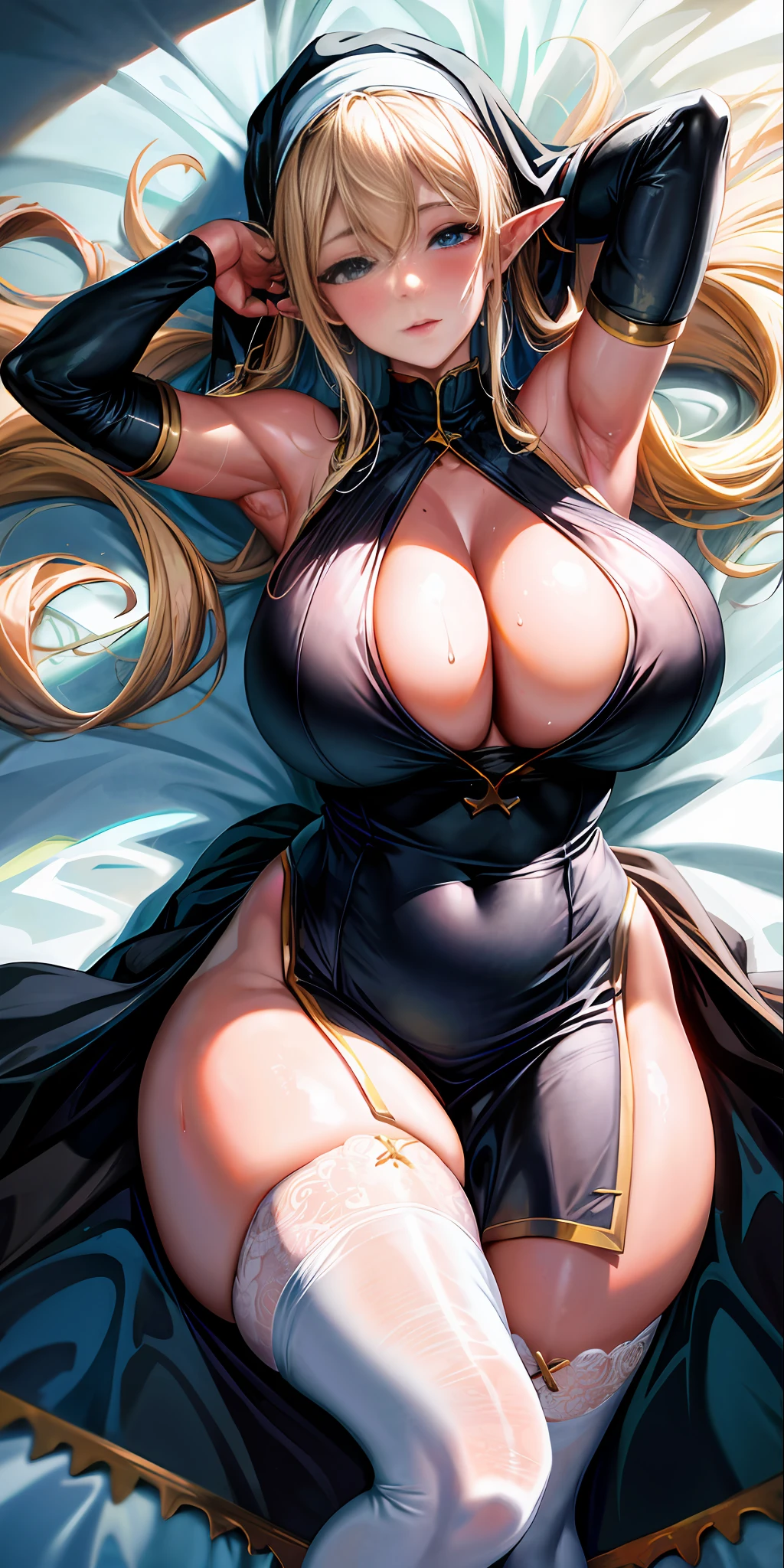 Big breasts, plump, pretty face, thick body, blonde, seductive expression, exposed armpits, masterpiece, super quality, 4k quality, high detail, elf mother, black nun bandana, lace skirt, cleavage, white tights, sweaty, illuminated from behind, realistic shadow perfect body, surreal shadow, lying on bed, pov from behind, surreal pictures, surreal x-image, realistic perfect body, super super surreal, wet clothes, see-through, water vapor, tilt view, add_ detail:1.5