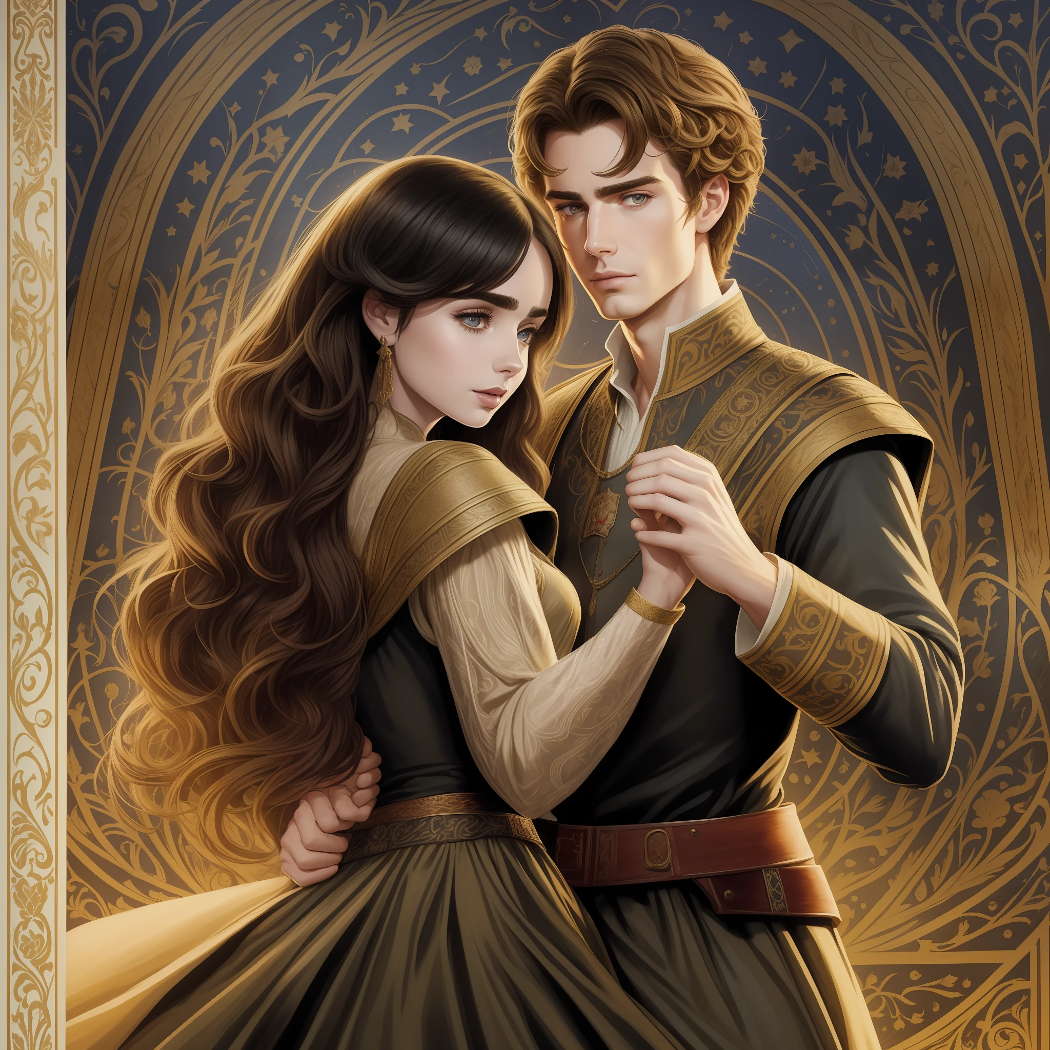 Lily Collins, who has curly black hair, wears a medieval dress; the Neels Visser wears a medieval military outfit and has blonde hair. The couple is waltzing in the ballroom. The illustration is like a book cover with a detailed, bright, illuminated, ultra detailed background, concept art, elegant, art by Greg Hildebrandt, Samyang