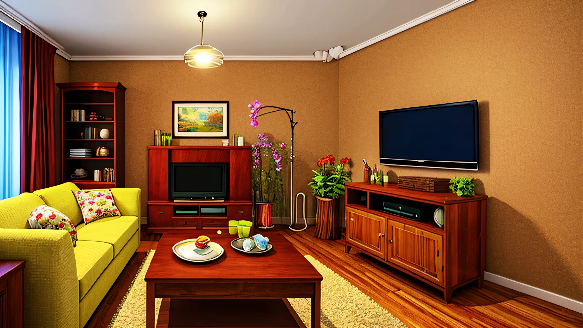 Realistic cartoon living room with clear and clear background, sofa, low table, chair, TV, wood and flowers, best quality, masterpiece, detailed lighting, wide angle lens