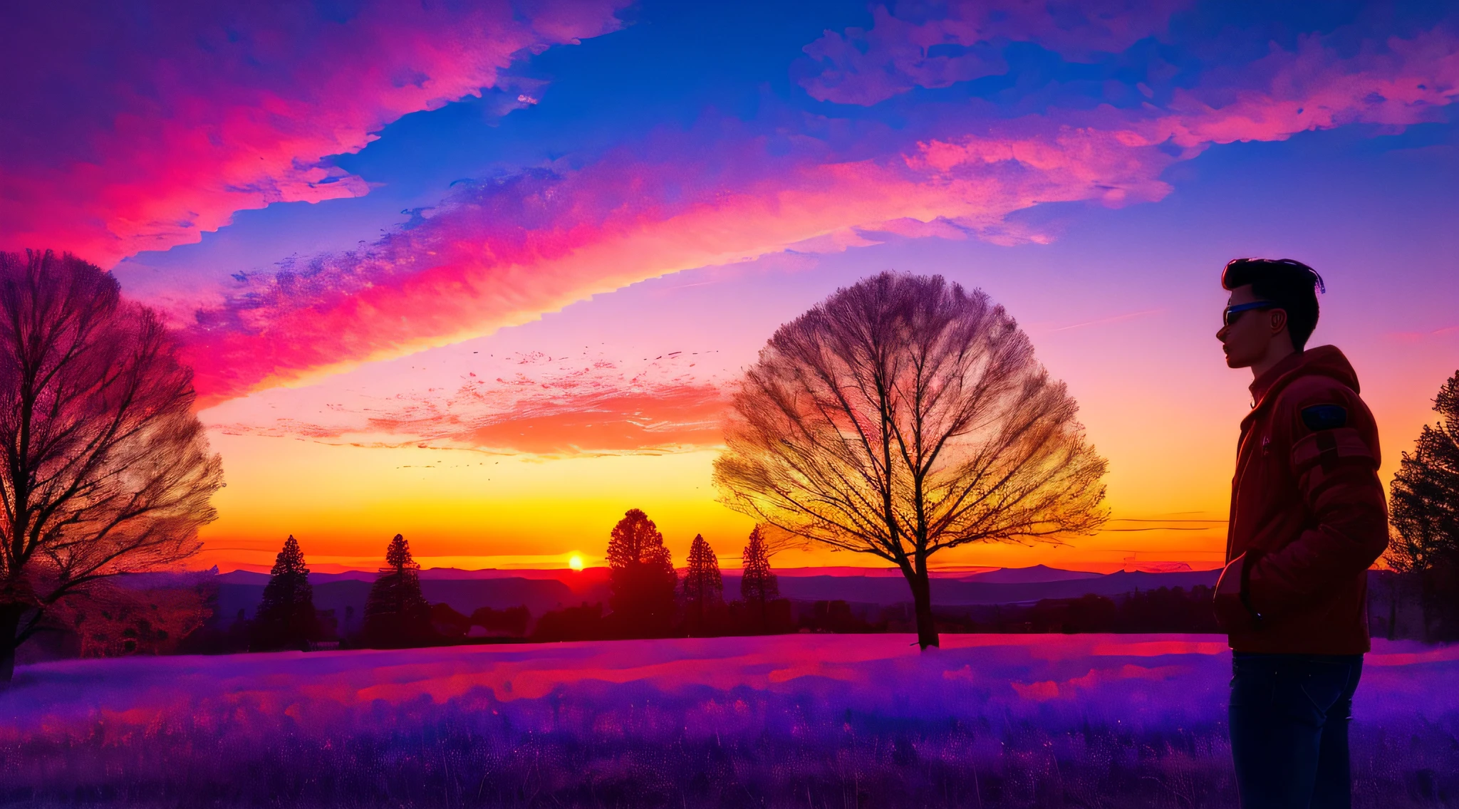 portrait of beautiful sunset, ((a beautiful cyberpunk man) admiring the sunset), ((trees in the background)), colorful skies, surreal neon colors, colorful sunset, colorful sky, stunning sky, dream like 8k atmosphere, colorful clouds, surreal sky, red and blue reflections, fire reflection, beautiful sky, beautiful and spectacular twilight, beautiful dream landscape, amazing sky
