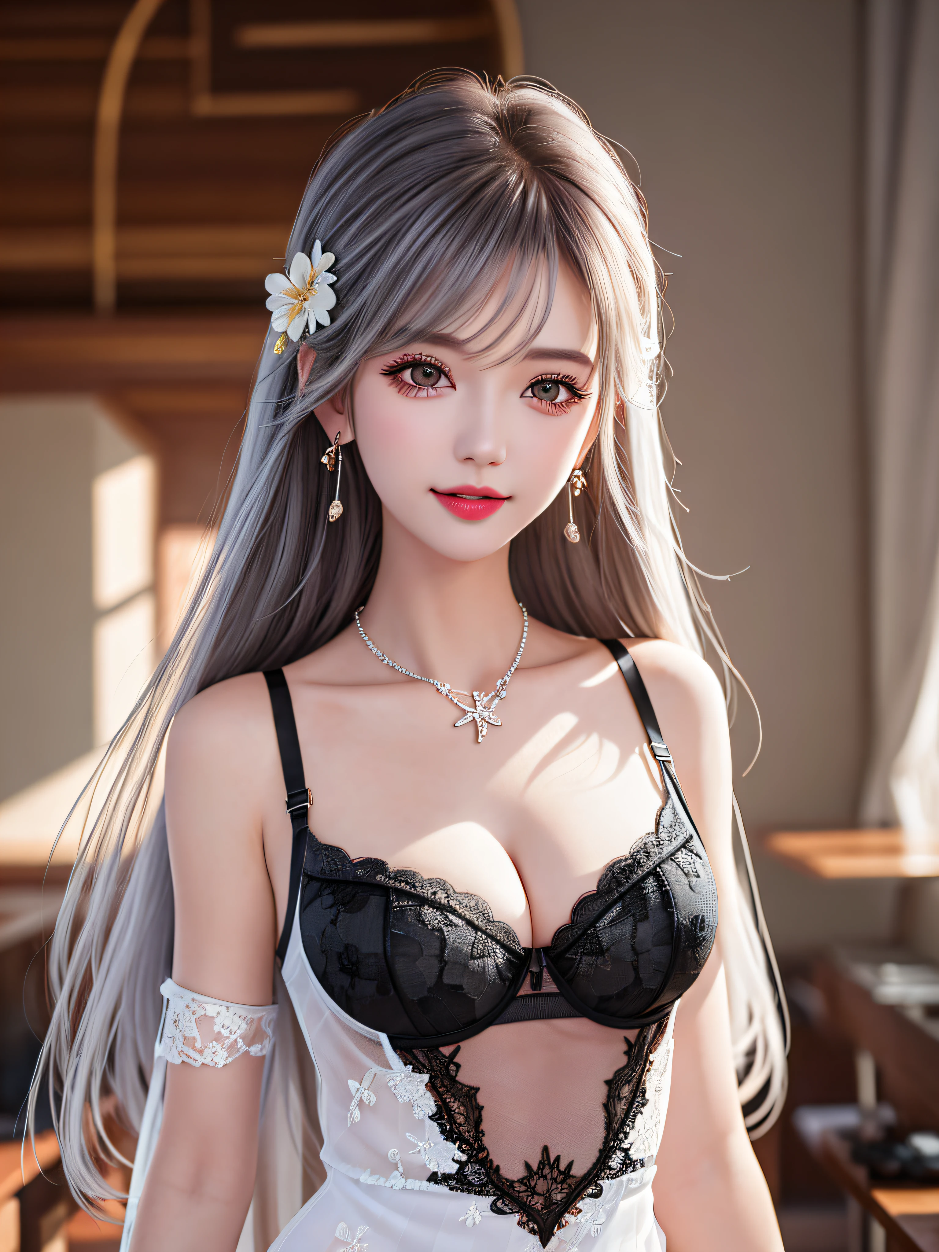 Female Teacher Standing in Classroom v6, Necklace, Earrings, Full Body v6, Long Gray Hair, (Sleeveless One Piece with White Sheer Floral Pattern)), Visible, Superb, Ultra High Definition, RAW Photography, Realism 1.25), (Bright Lip Gloss, Long Eyelashes, Smooth) Face, Bright Skin, Natural Shadows, Wide Light, Wide Light, Depth of Field, Strong Color, Subtle Caultics: 0.8), Smile, (Big) , V6, ((black lace lingerie)),