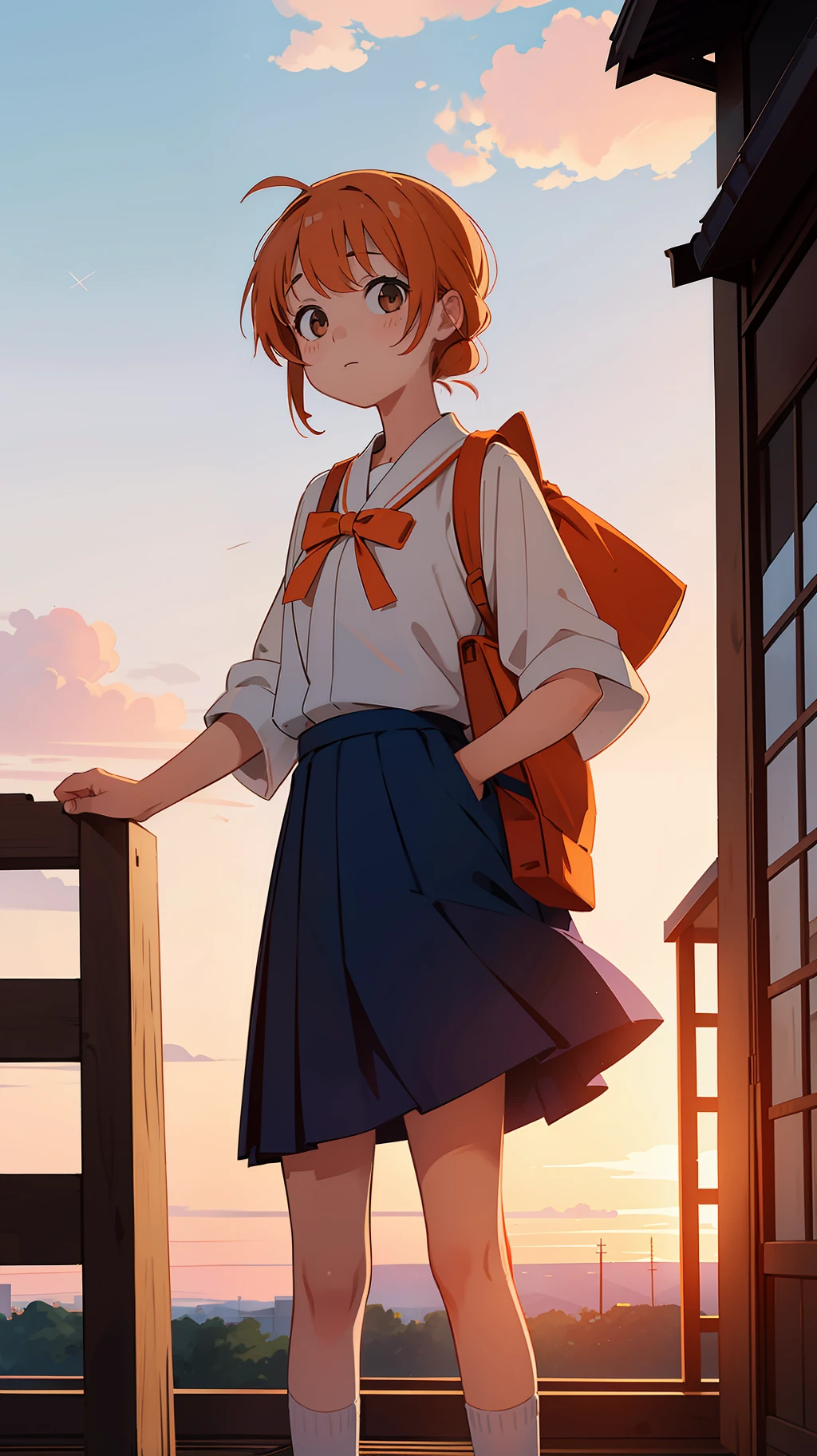 1 girl, standing back to the viewer, facing at the sky, orange blue sky, perfect sky condition, kimi no nawa sky, sunset sky, detailed japanese high school uniform, detailed sky, a little bit star, mahiru shiina