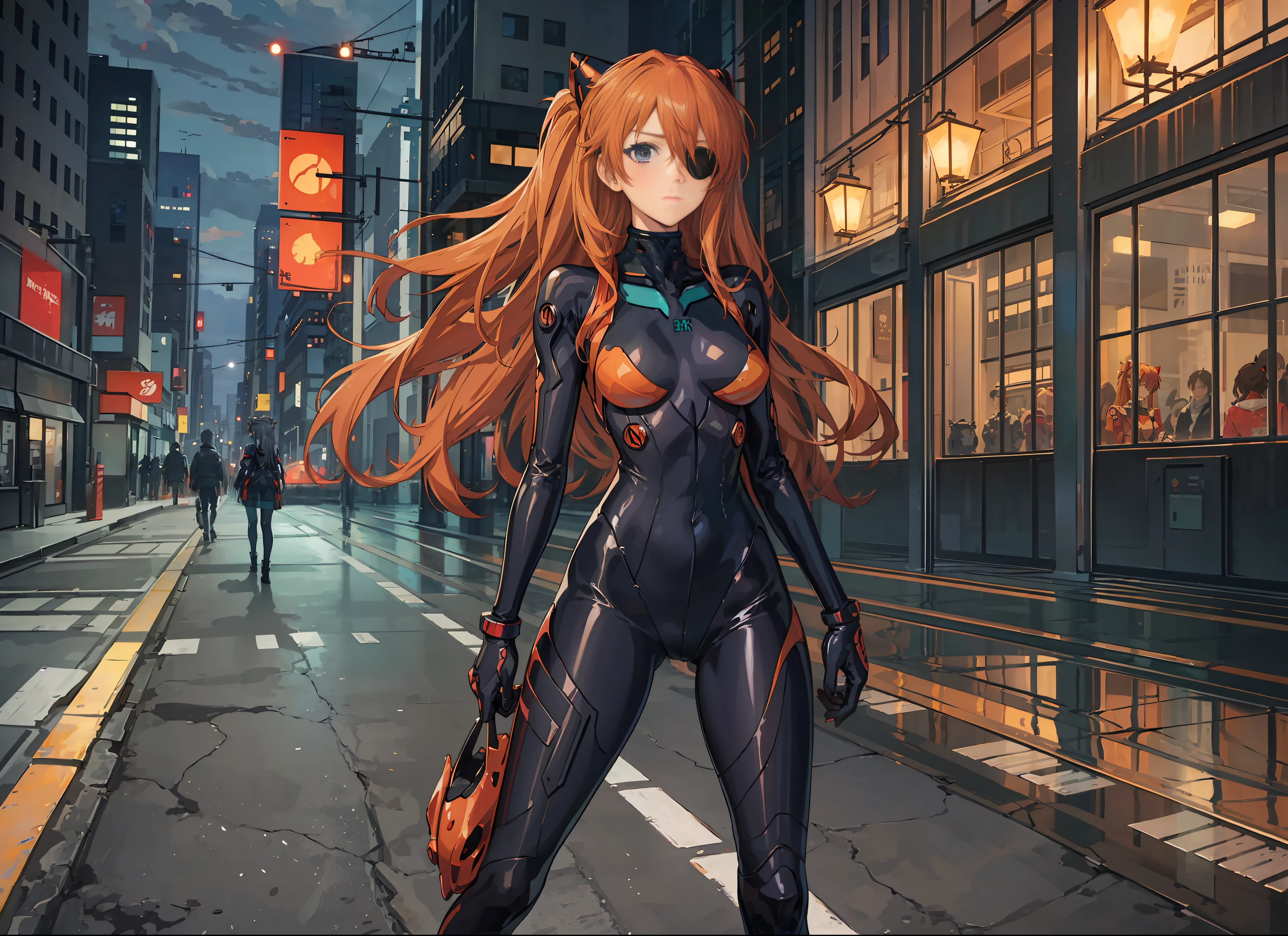 ((masterpiece,best quality, detailed)), full body, night, cityscape, souryuu asuka langley, interface headset, multicolored bodysuit, eyepatch
