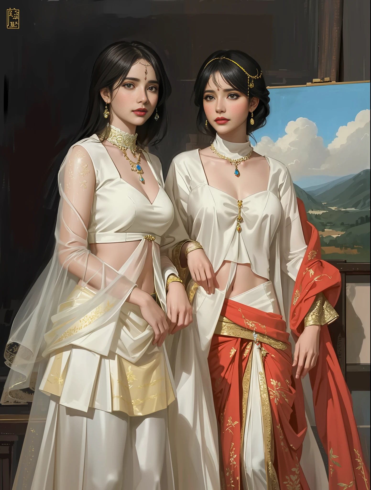 modelshoot style, (extremely detailed CG unity 8k wallpaper), full shot body photo of the most beautiful artwork in the world, stunningly beautiful photo realistic cute women in saree (navel:1.5,princess eyes:1.3,posture collar:1.2), professional majestic oil painting by Ed Blinkey, Atey Ghailan, Studio Ghibli, by Jeremy Mann, Greg Manchess, Antonio Moro, trending on ArtStation, trending on CGSociety, Intricate, High Detail, Sharp focus, dramatic, photorealistic painting art by midjourney and greg rutkowski