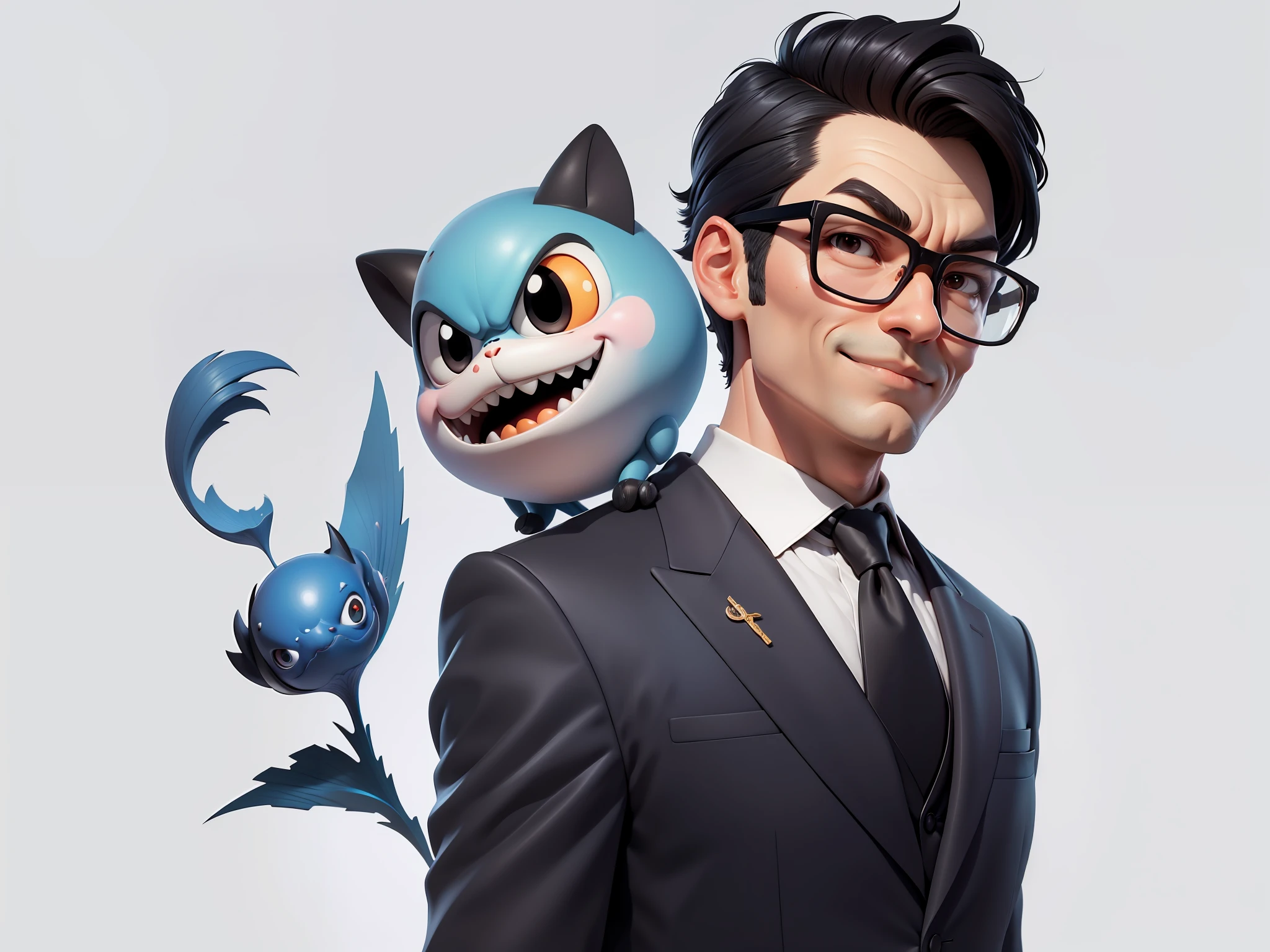 (Masterpiece), (Excellent), (Super Meticulous), (Full Body: 1.2), Super Young Man, Oriental Face, TV Anchor, Bust Portrait Illustration, Alone, Black Suit, Blue Tie, Silver Glasses, Slightly Chubby Face, Very Clean Face, No Beard, Black Super Short Hair, Black Eyes, Confident Smile, 3c Computer Sub-Products, iPad, iPhone, Digital Painting, 3D Character Design by Mark Clairen and Pixar and Hayao Miyazaki, the illustration is HD illustration in 4K resolution, With very detailed facial features and cartoon-style visuals.