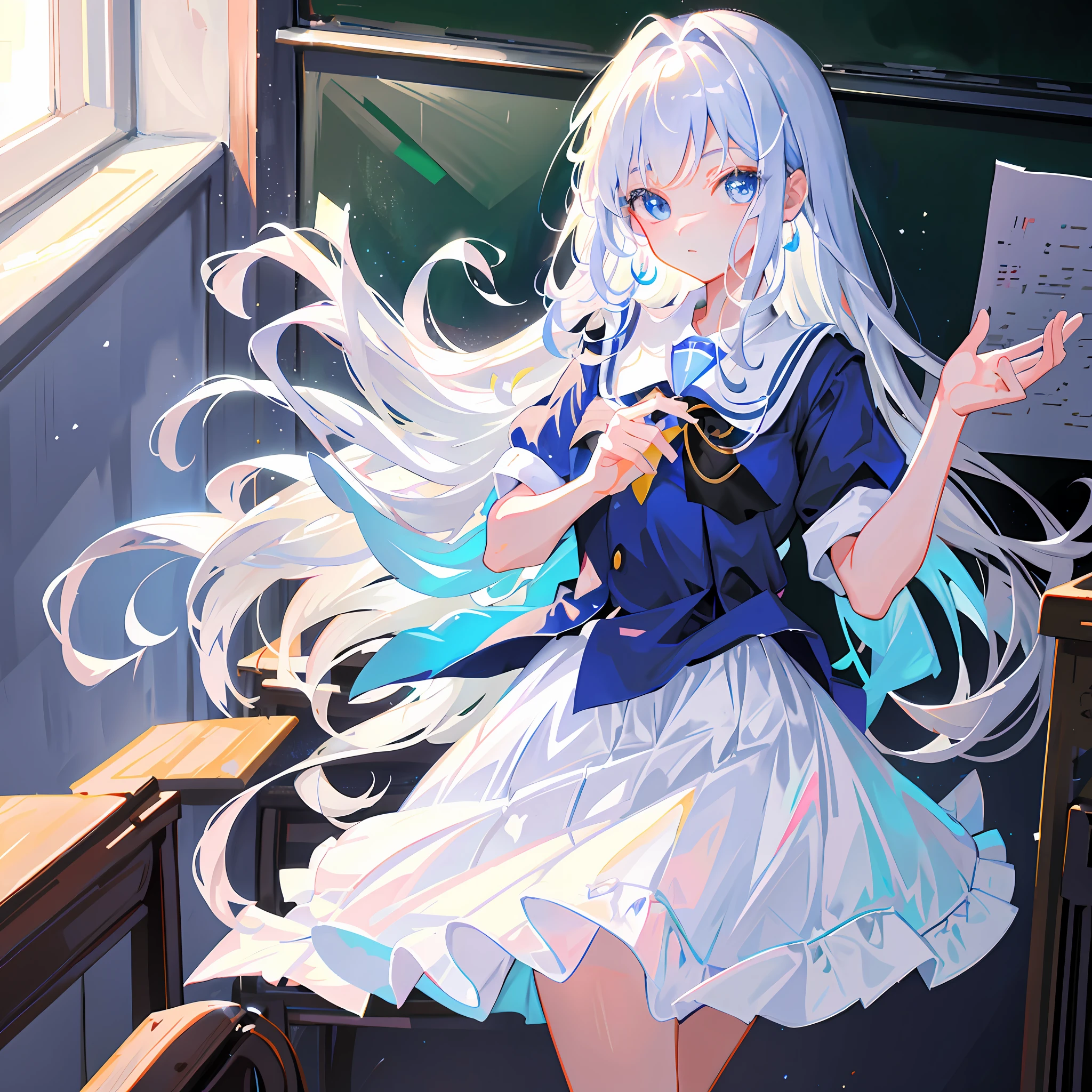 (Masterpiece, Best Quality: 1.4), Ultra Detailed, Illustration, (Solo, 1girl, LOLI: 1.2), Classroom, School Uniform, Girl with White Hair, Blue Eyes